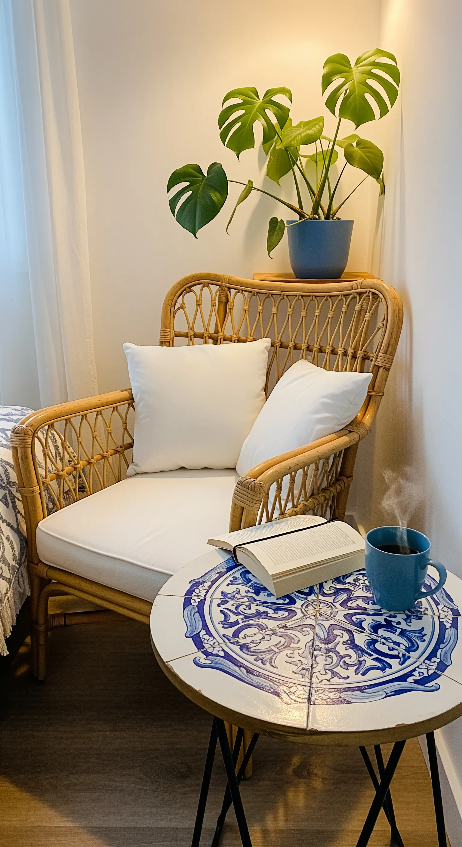 Angolo lettura con poltrona in rattan e tavolino con piano in maiolica blu e bianca.