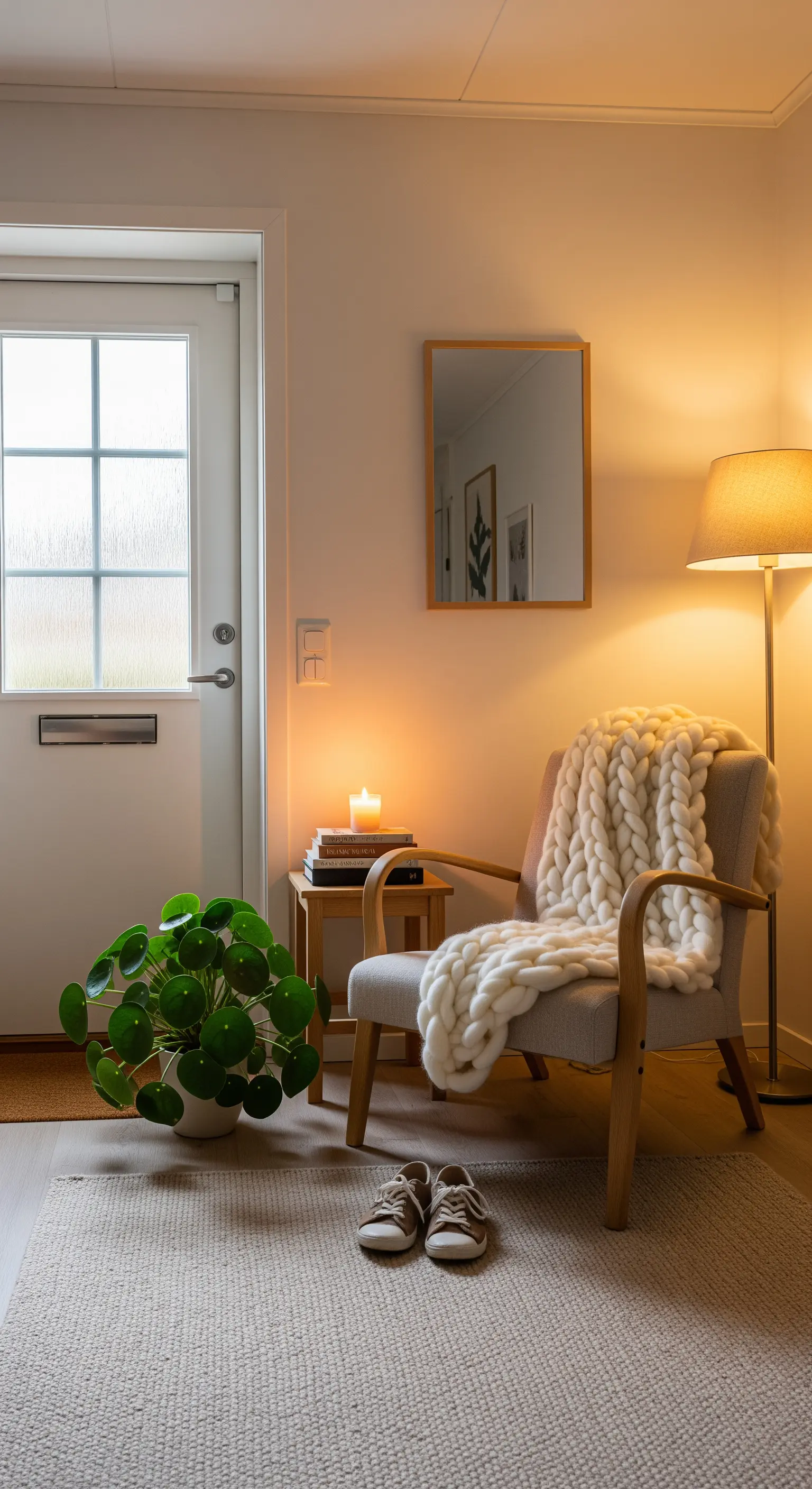 Angolo d'ingresso con poltrona in legno, coperta in maglia grossa e lampada da terra.