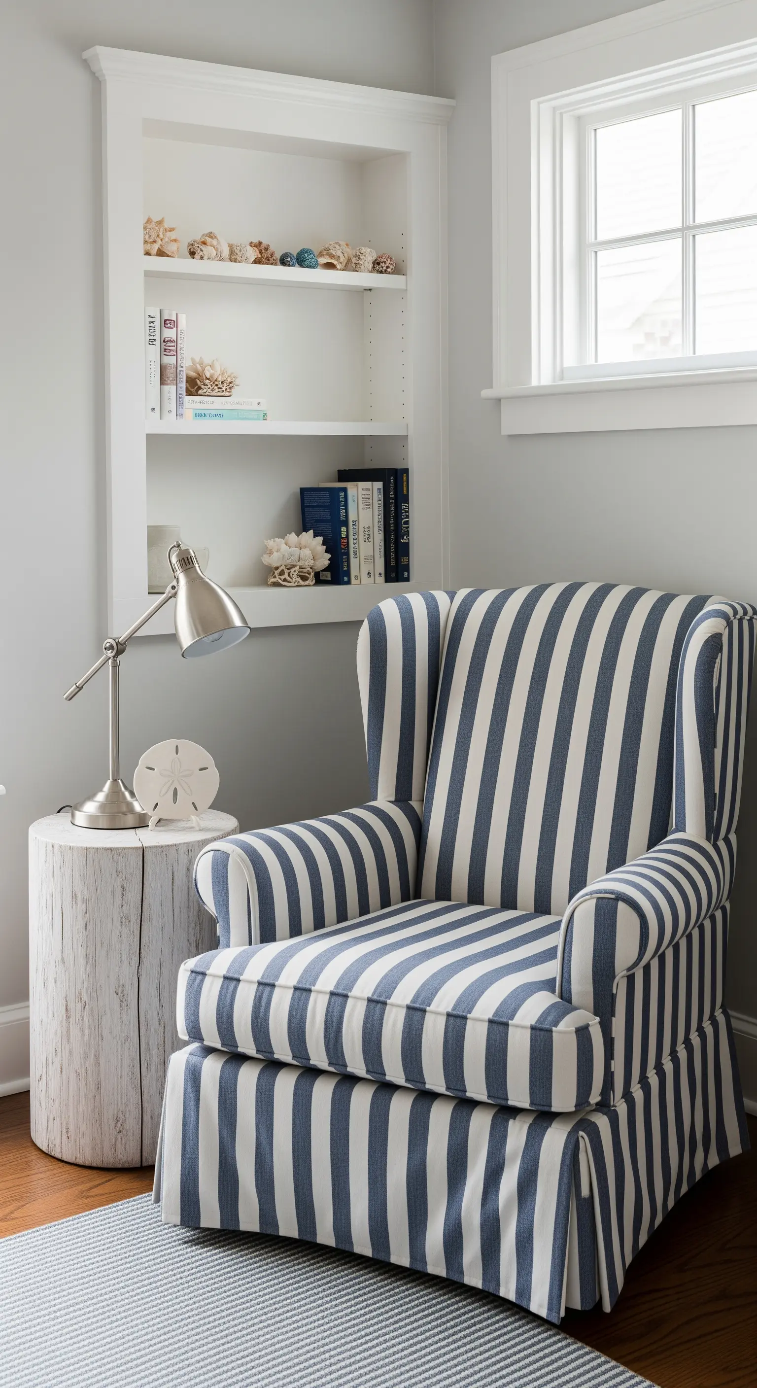 Poltrona a righe blu e bianche accanto a un tavolino a forma di tronco sbiancato.