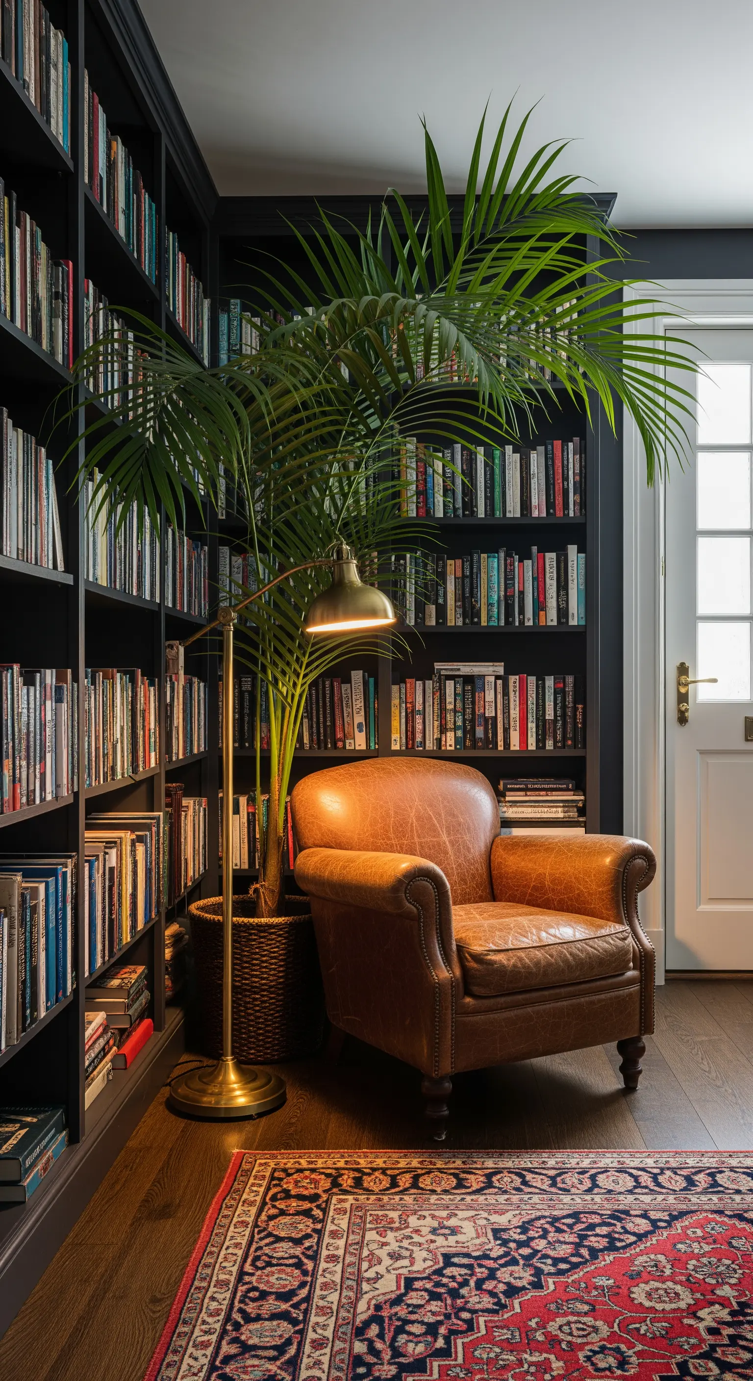 Palma alta dietro una poltrona in pelle marrone in un angolo lettura accanto a una libreria.