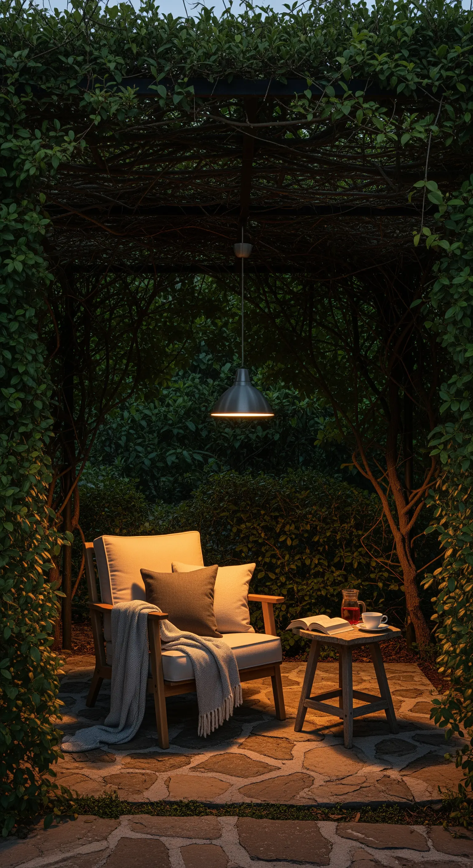 Comoda poltrona da esterno con tavolino sotto una piccola pergola avvolta dal verde.