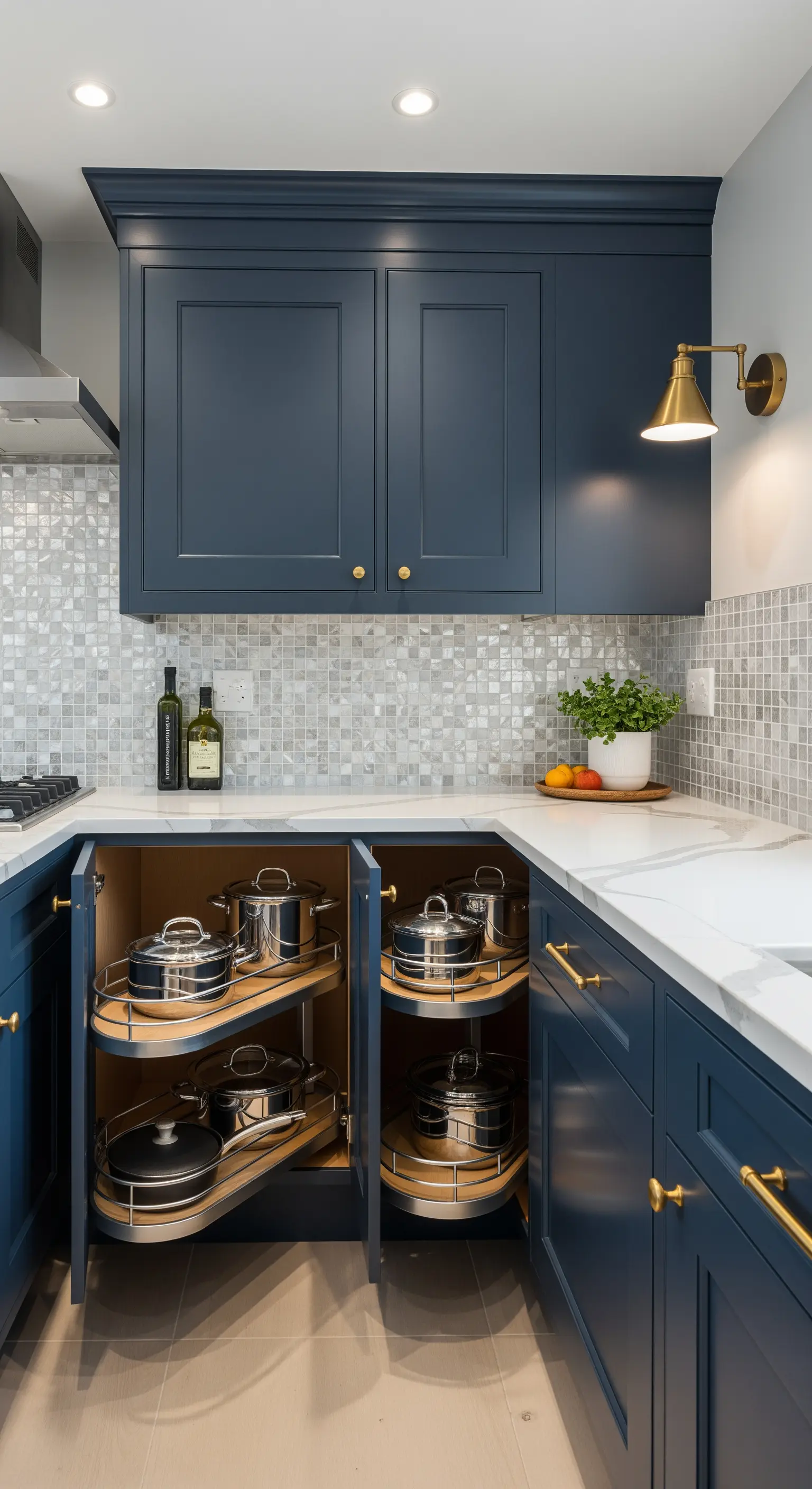 Mobile ad angolo blu con ripiani estraibili a fagiolo per pentole e padelle.