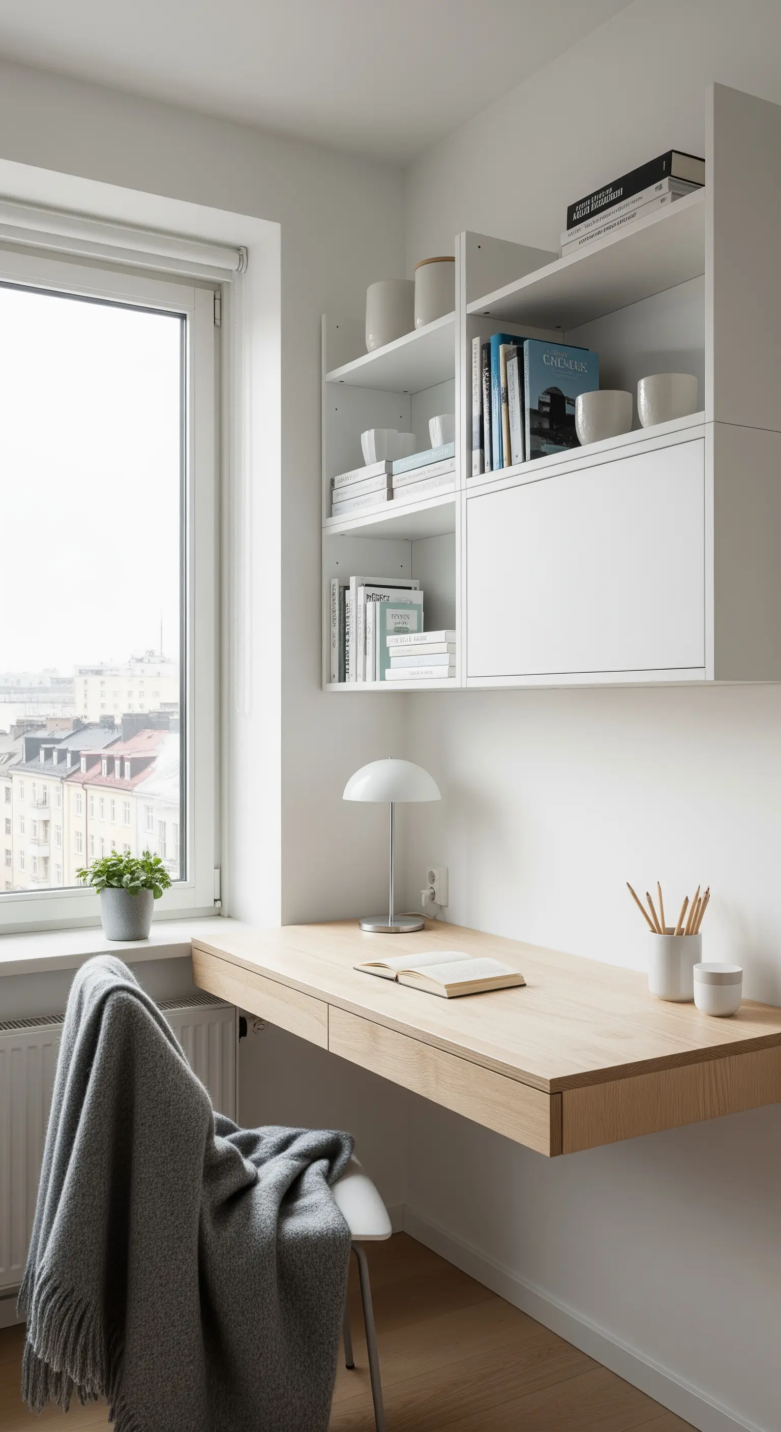 Scrivania sospesa in legno chiaro sotto una finestra, con moduli contenitori bianchi.