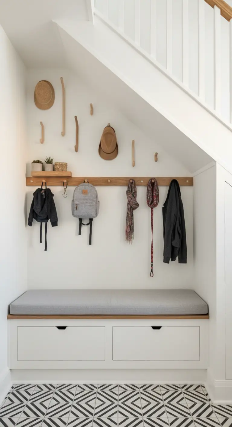 Panca contenitore e ganci in legno chiaro inseriti in un sottoscala con pavimento geometrico.