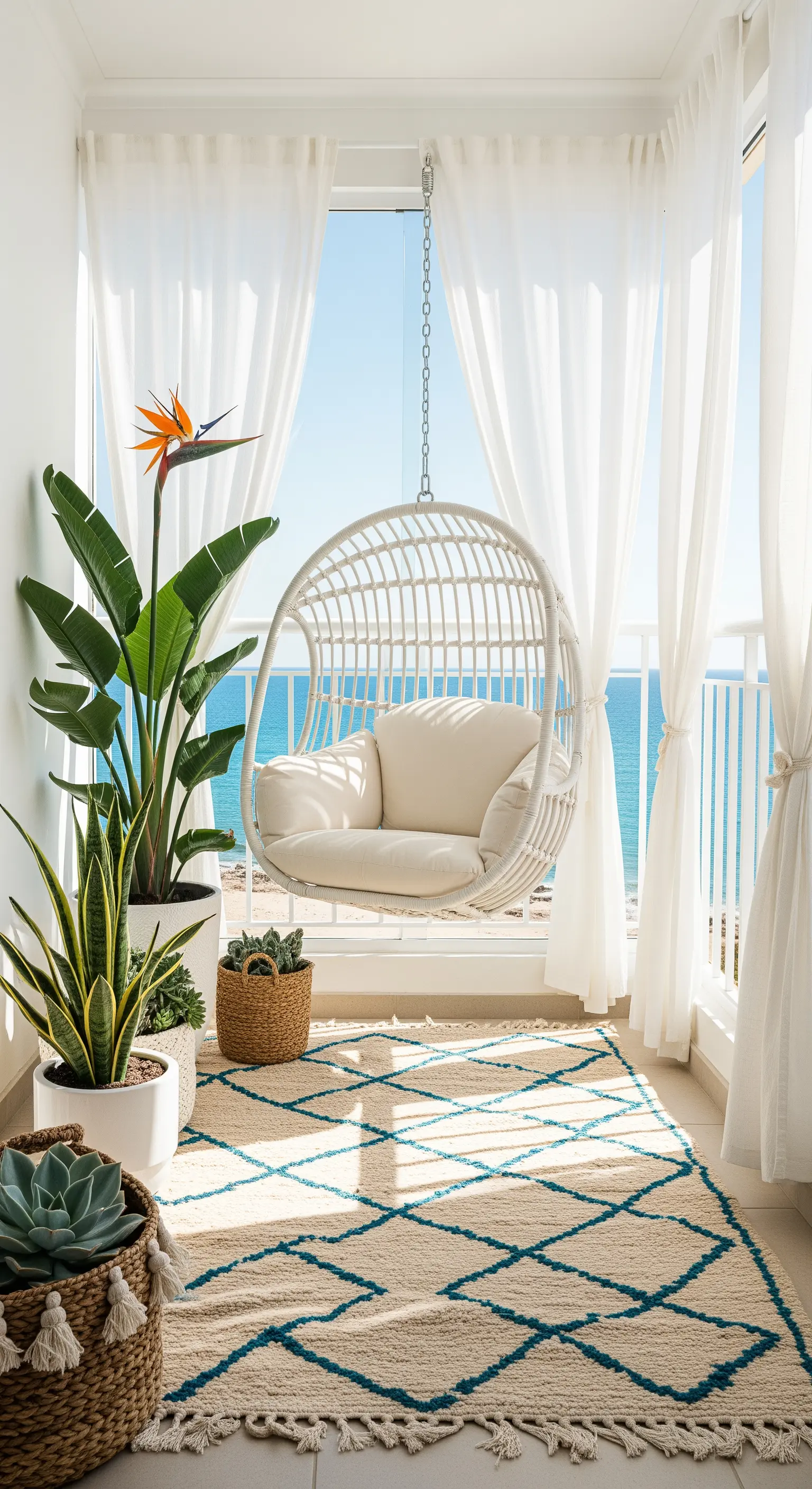 Balcone vista mare con sedia a dondolo sospesa, tende bianche e tappeto geometrico.