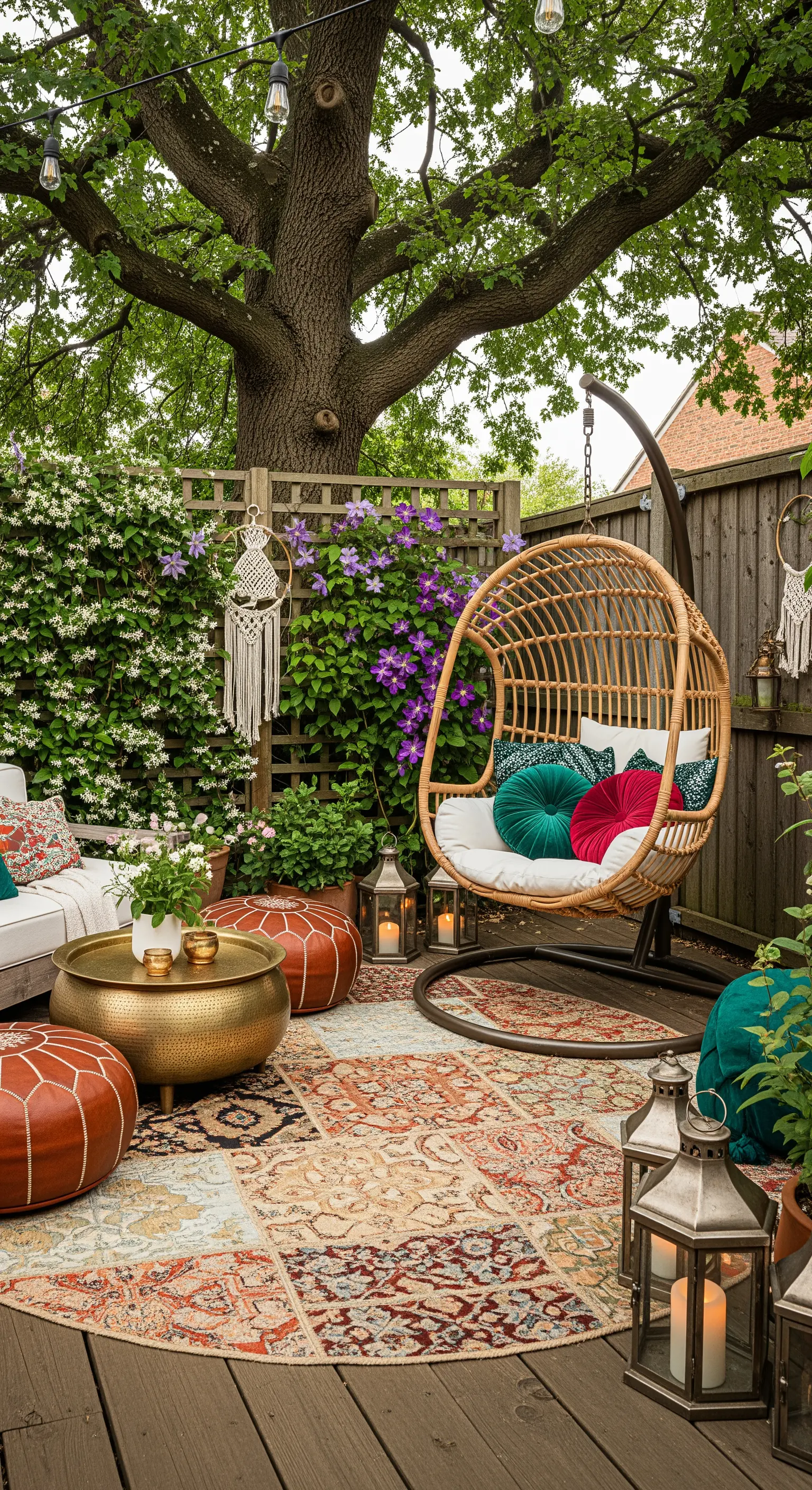 Giardino con poltrona uovo in rattan, pouf in pelle e un grande tappeto etnico su un deck in legno.