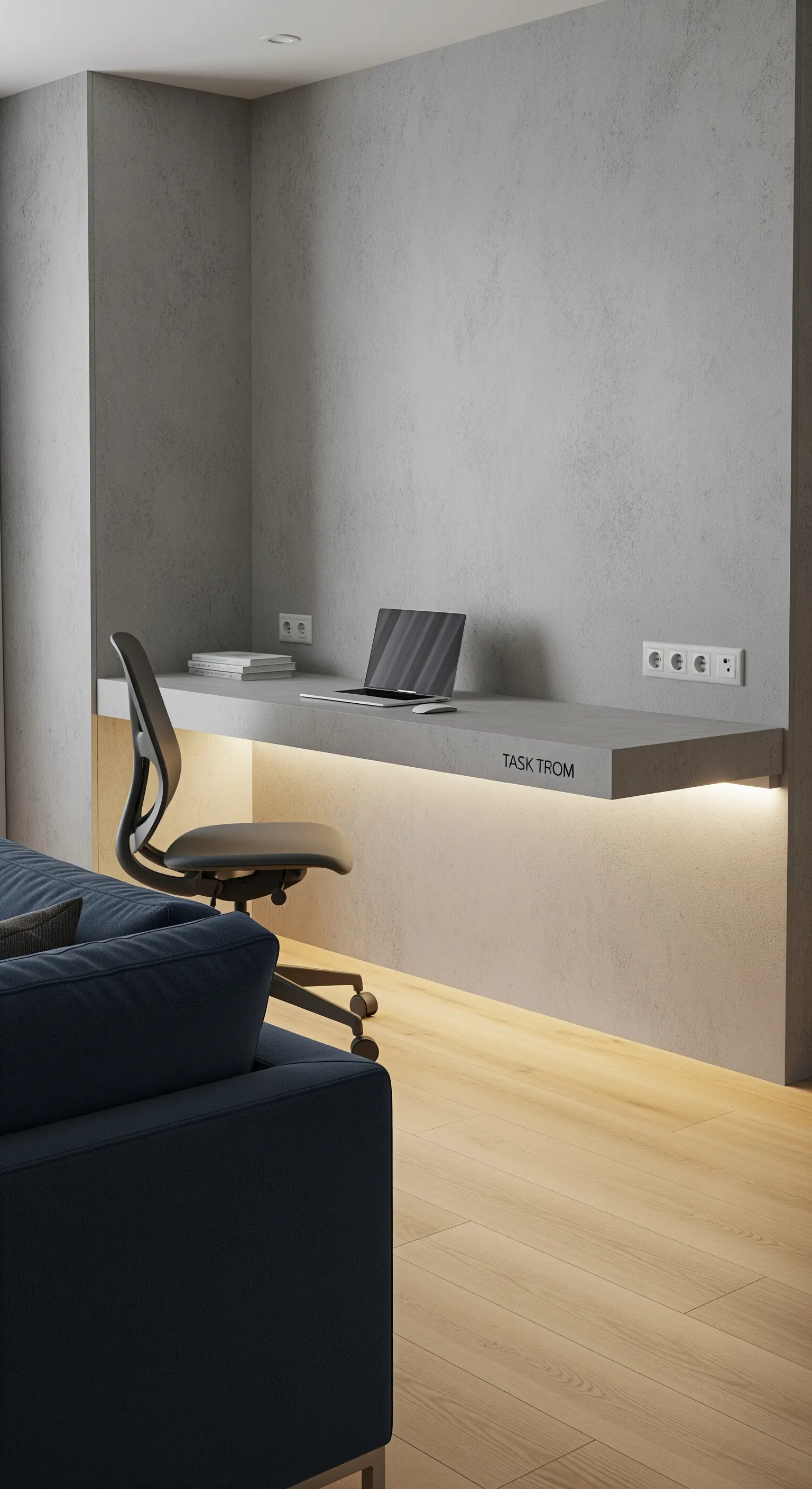 Scrivania a mensola effetto cemento, integrata nella parete e illuminata da LED.