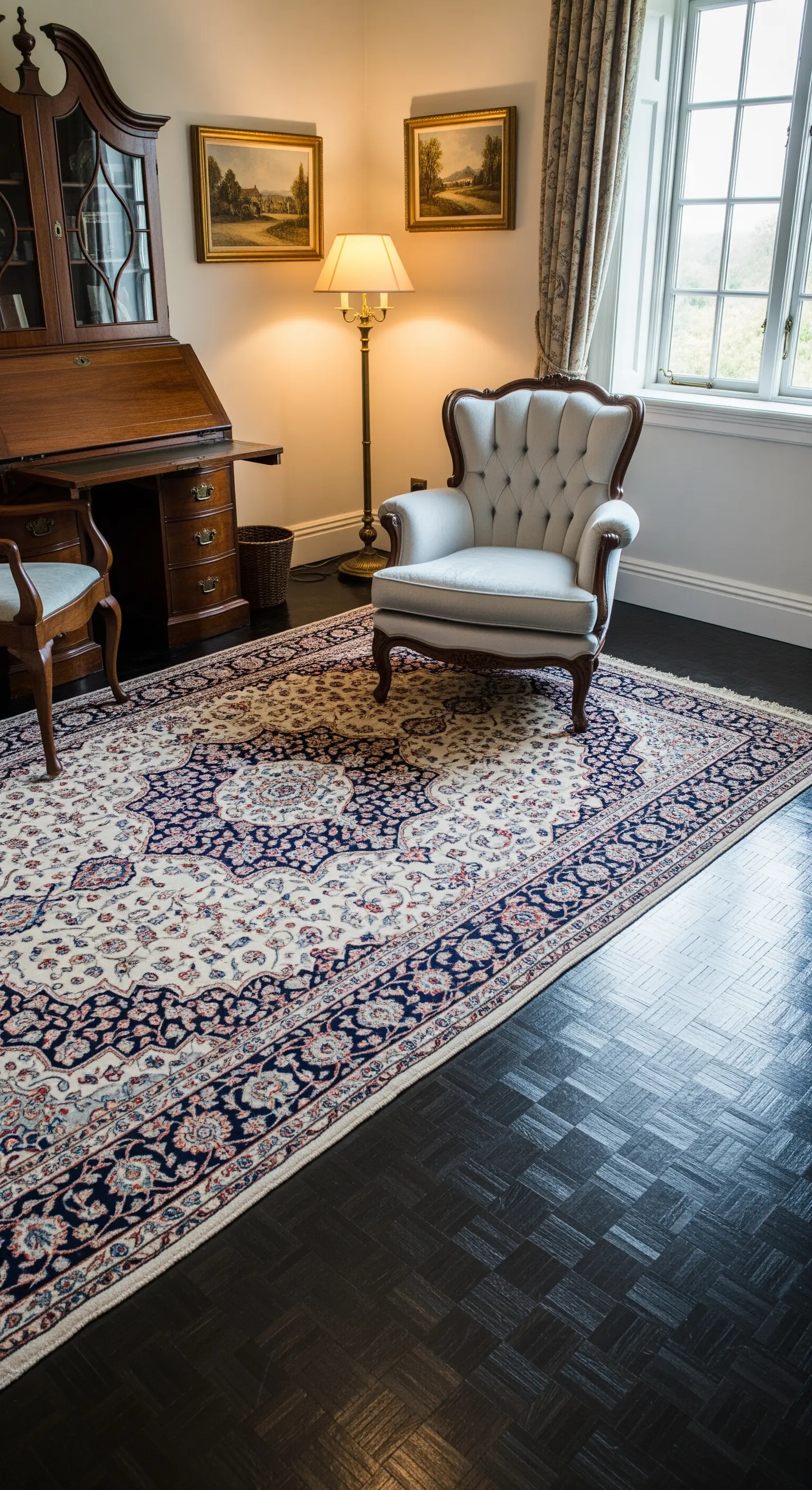 Studio classico con scrivania antica, poltrona capitonné chiara e grande tappeto persiano.