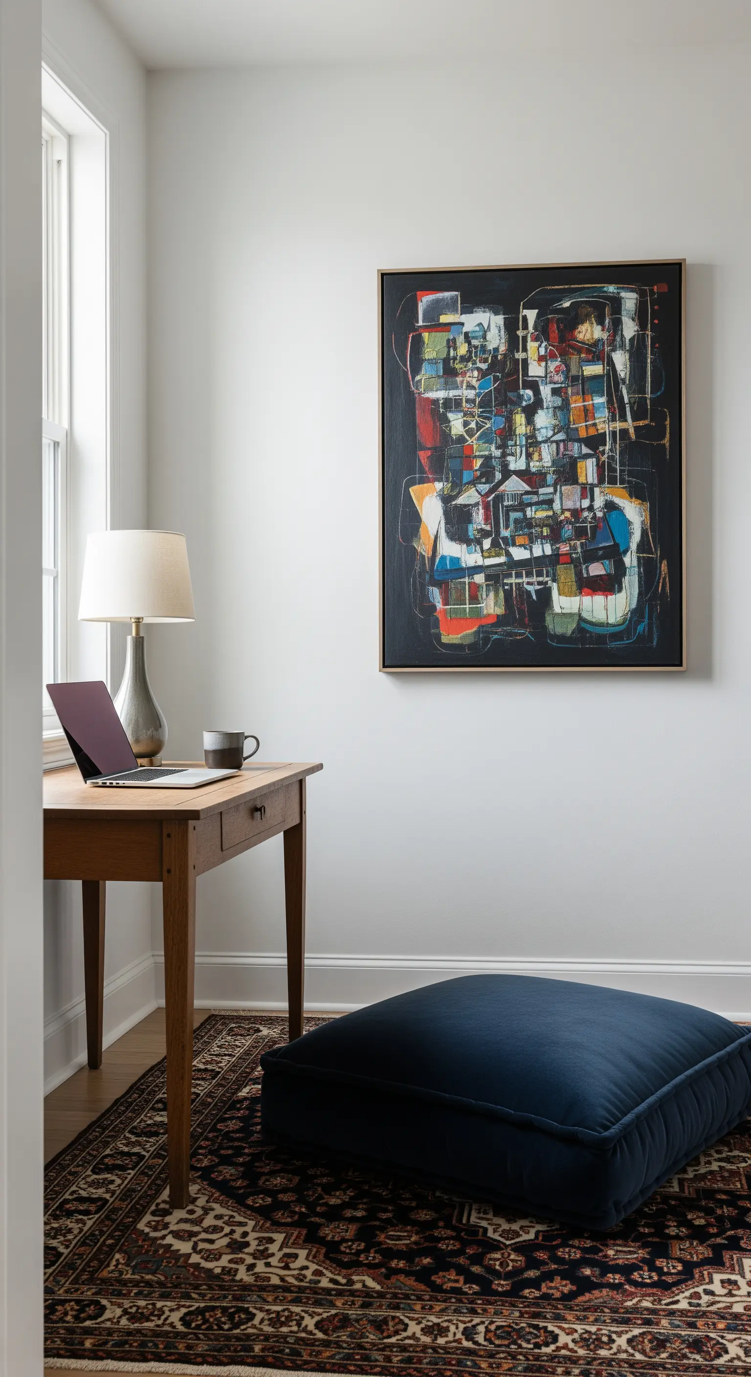 Scrivania minimalista in legno con un grande cuscino in velluto blu come seduta su un tappeto persiano.