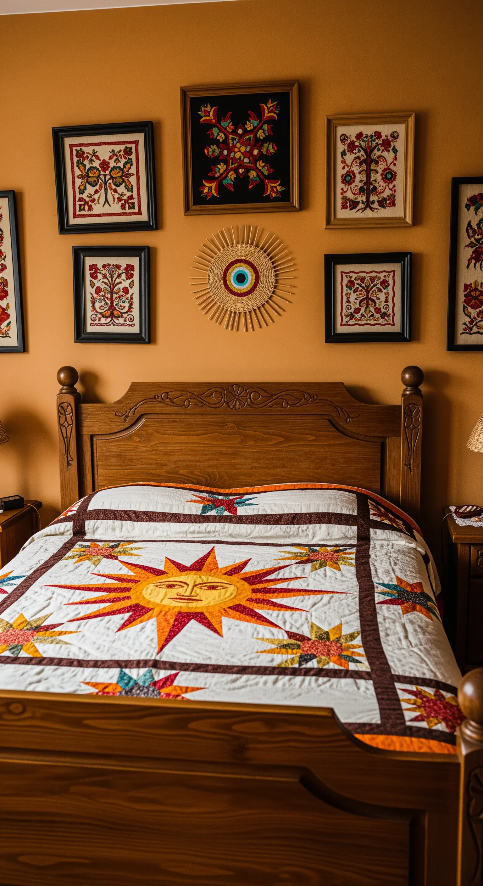 Letto in legno con una trapunta patchwork a motivo solare e arte popolare appesa alla parete.