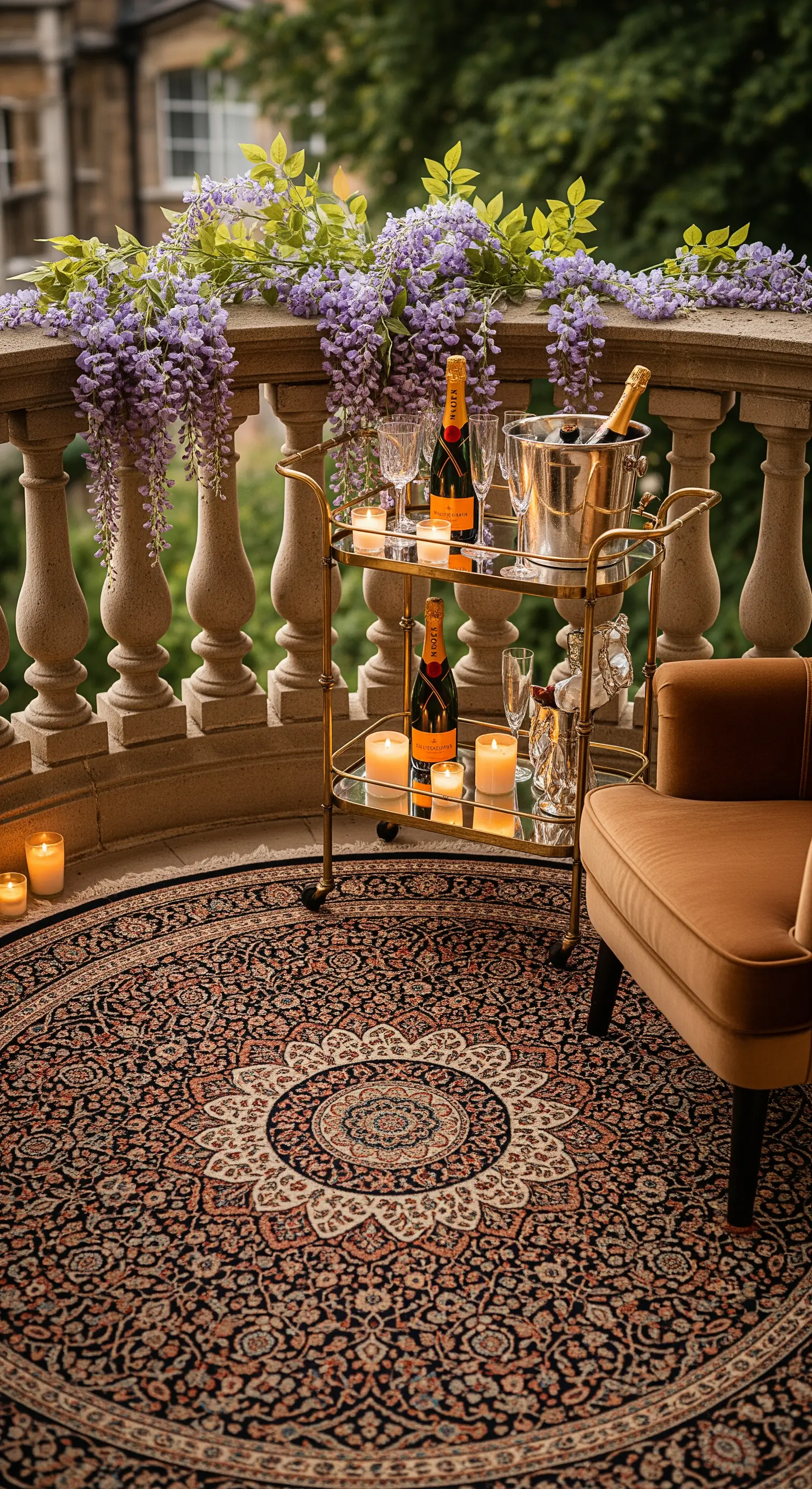 Balcone elegante con carrello bar dorato, tappeto persiano rotondo e glicine.