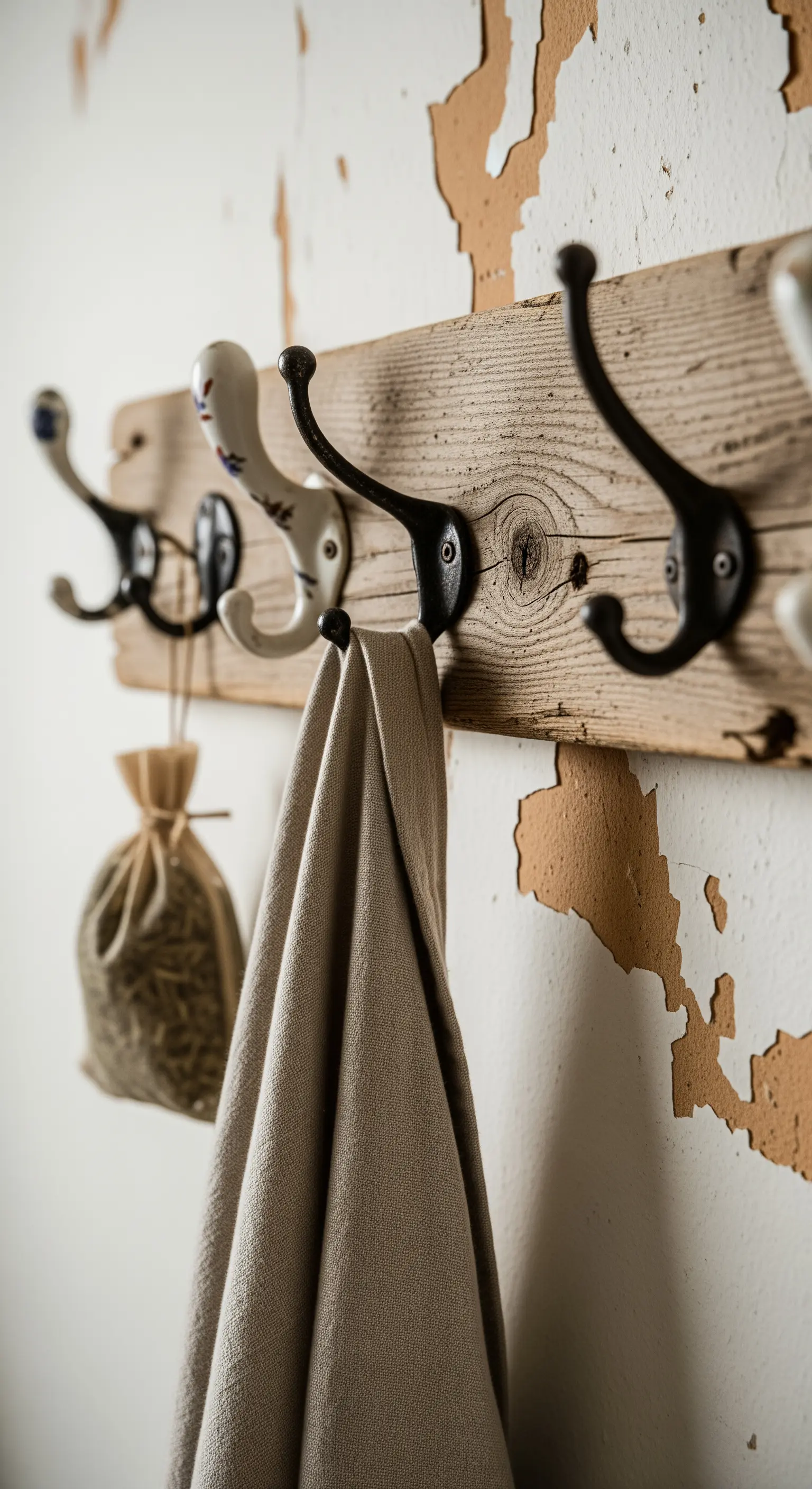 Appendiabiti rustico realizzato con un'asse di legno grezzo e ganci vintage di ferro e ceramica.