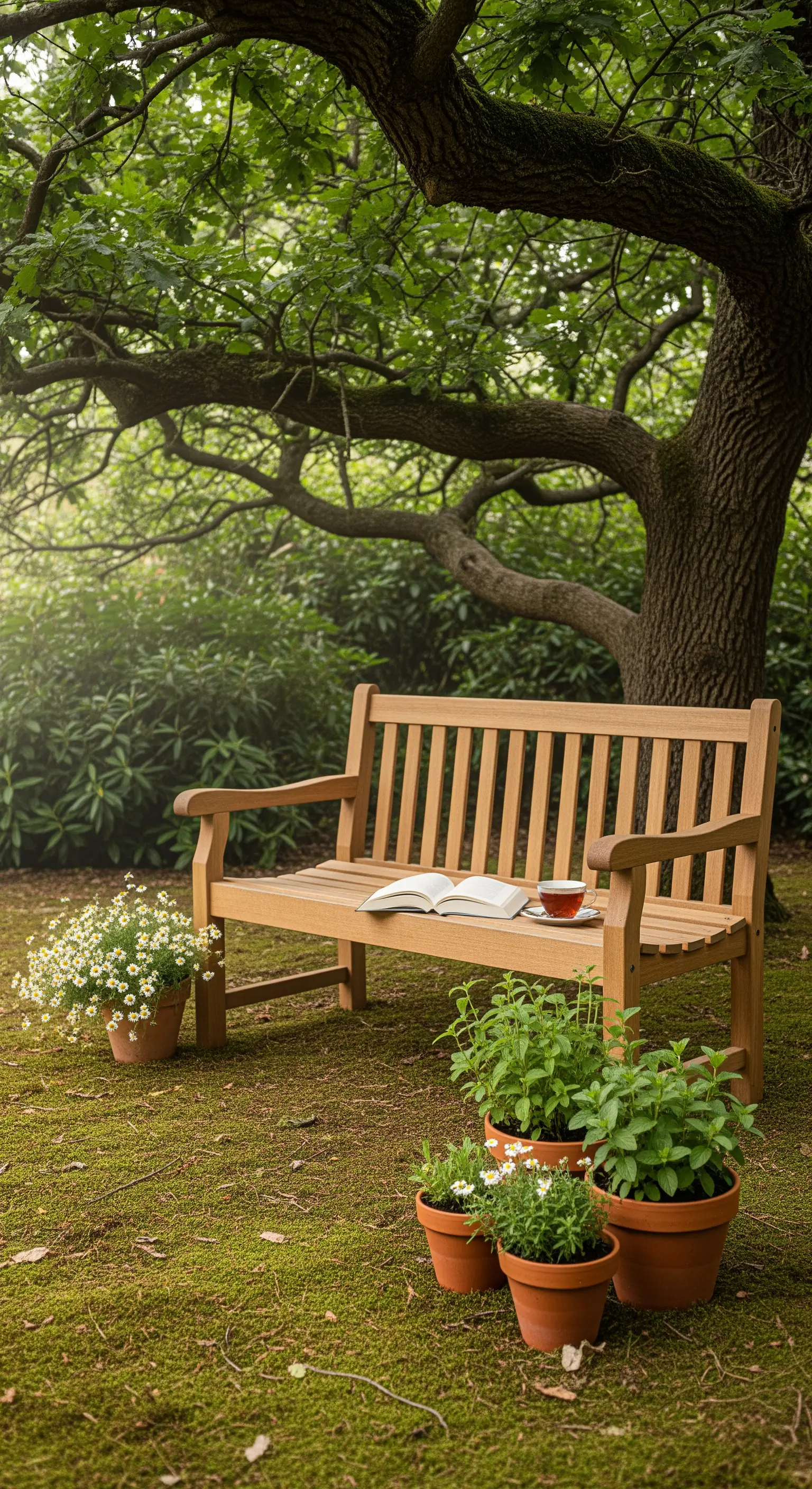 Panca classica in legno su un prato coperto di muschio, circondata da vasi di erbe.