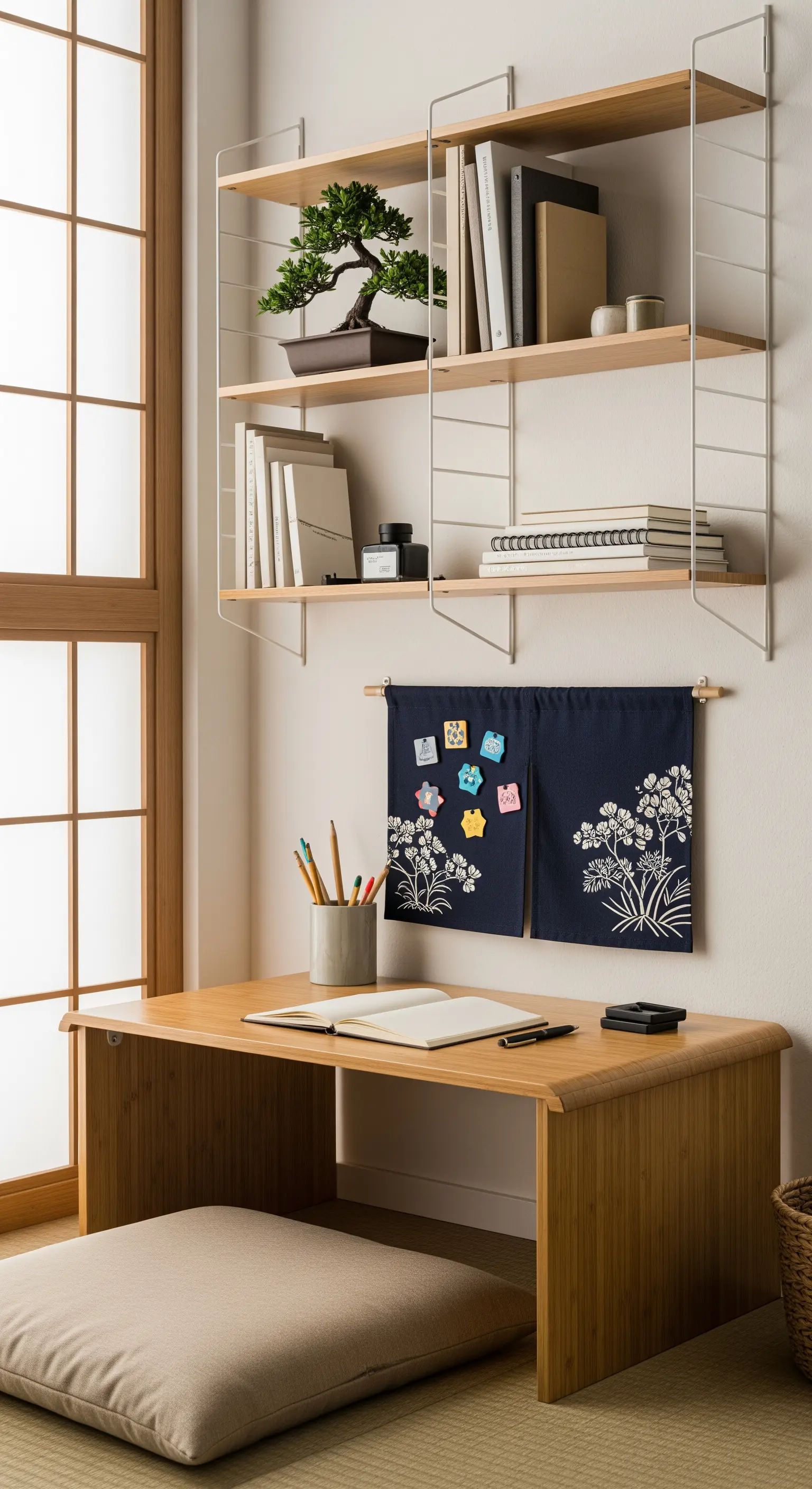 Scrivania bassa in stile giapponese con cuscino da terra e mensole a parete essenziali.