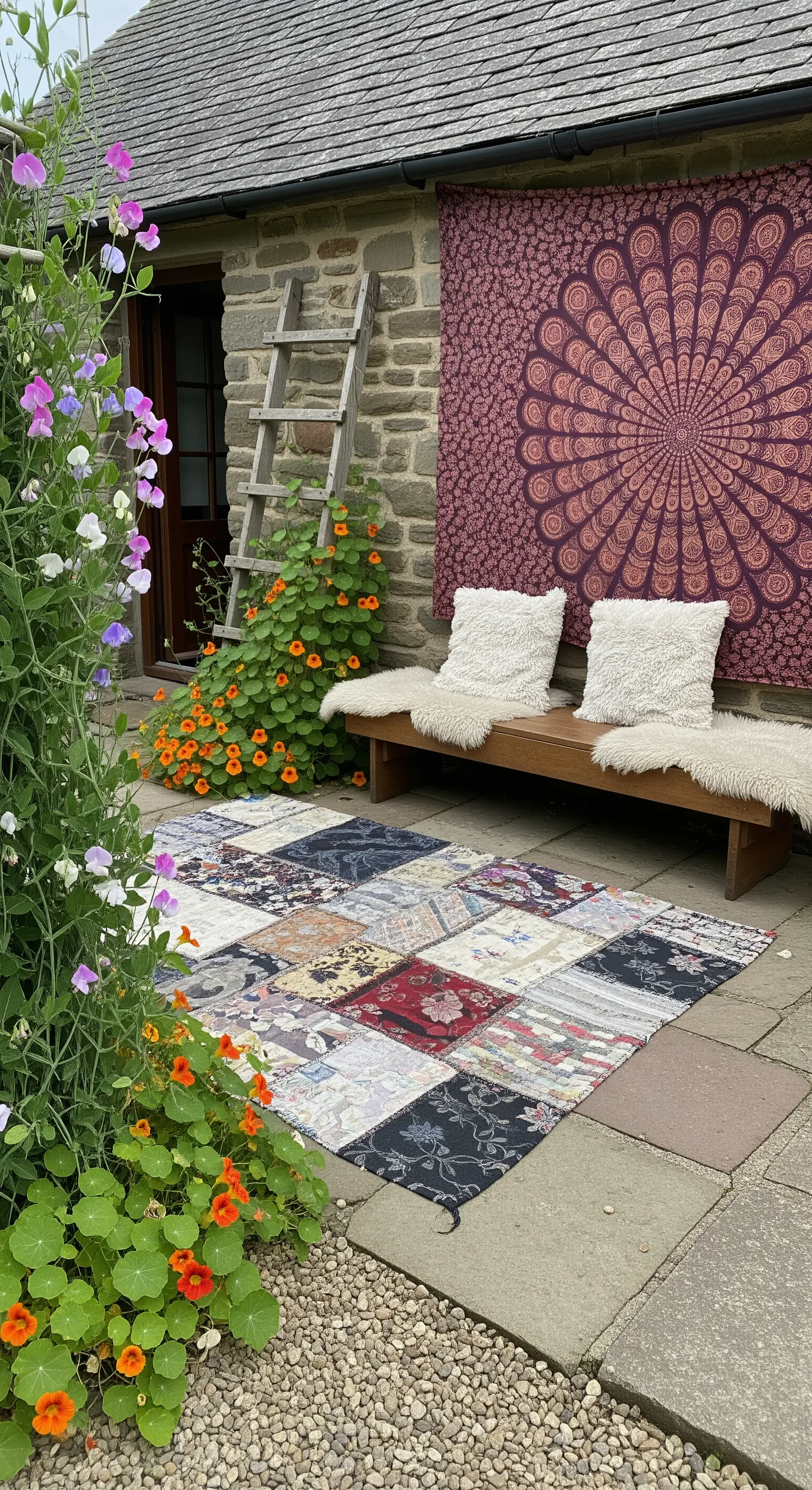 Patio in pietra con panca in legno, arazzo mandala appeso al muro e tappeto patchwork.