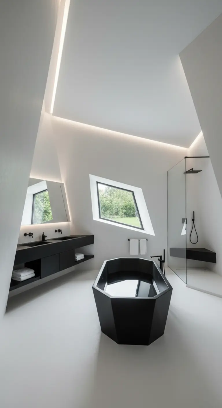 Bagno architettonico con soffitti inclinati e vasca da bagno nera sfaccettata.