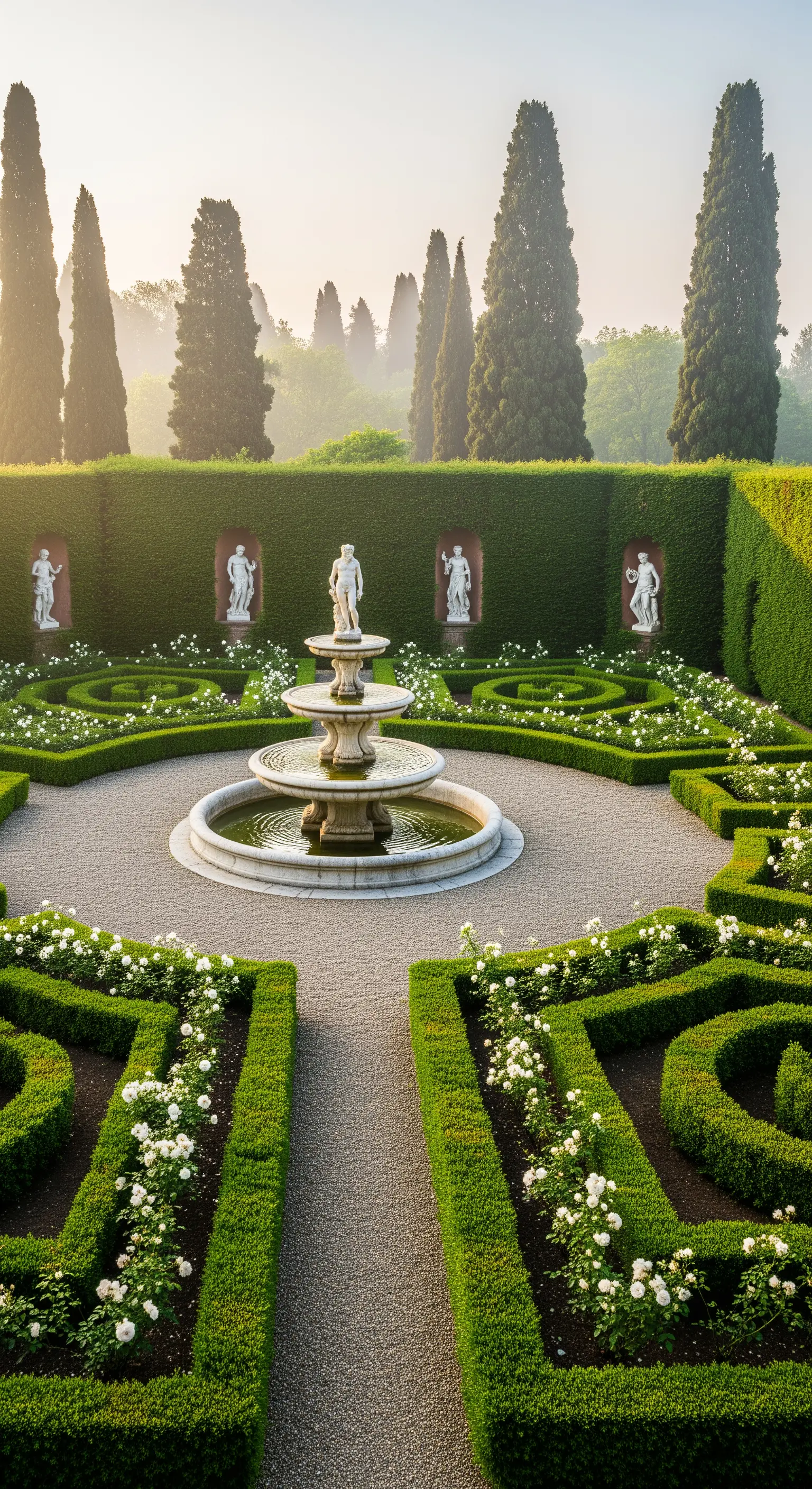 Giardino formale all'italiana con fontana centrale, siepi geometriche e statue in nicchie.