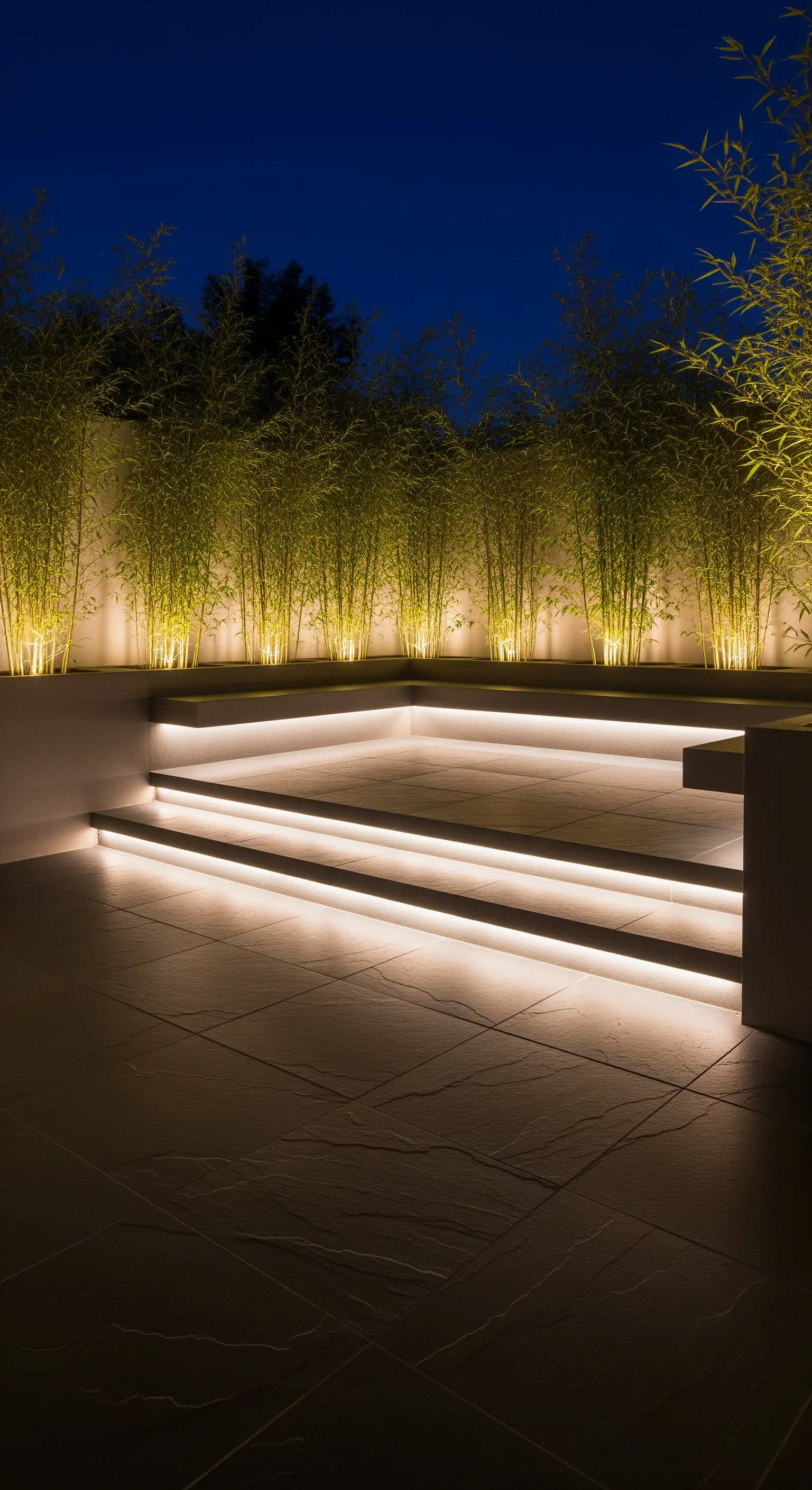 Gradini e sedute di un patio moderno illuminati da strisce LED integrate.