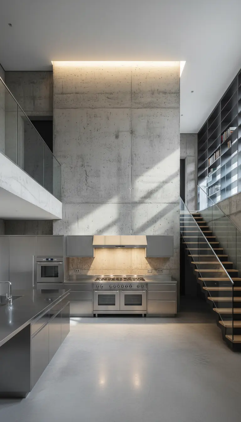 Cucina in acciaio inox in uno spazio a doppia altezza con imponente parete in cemento.