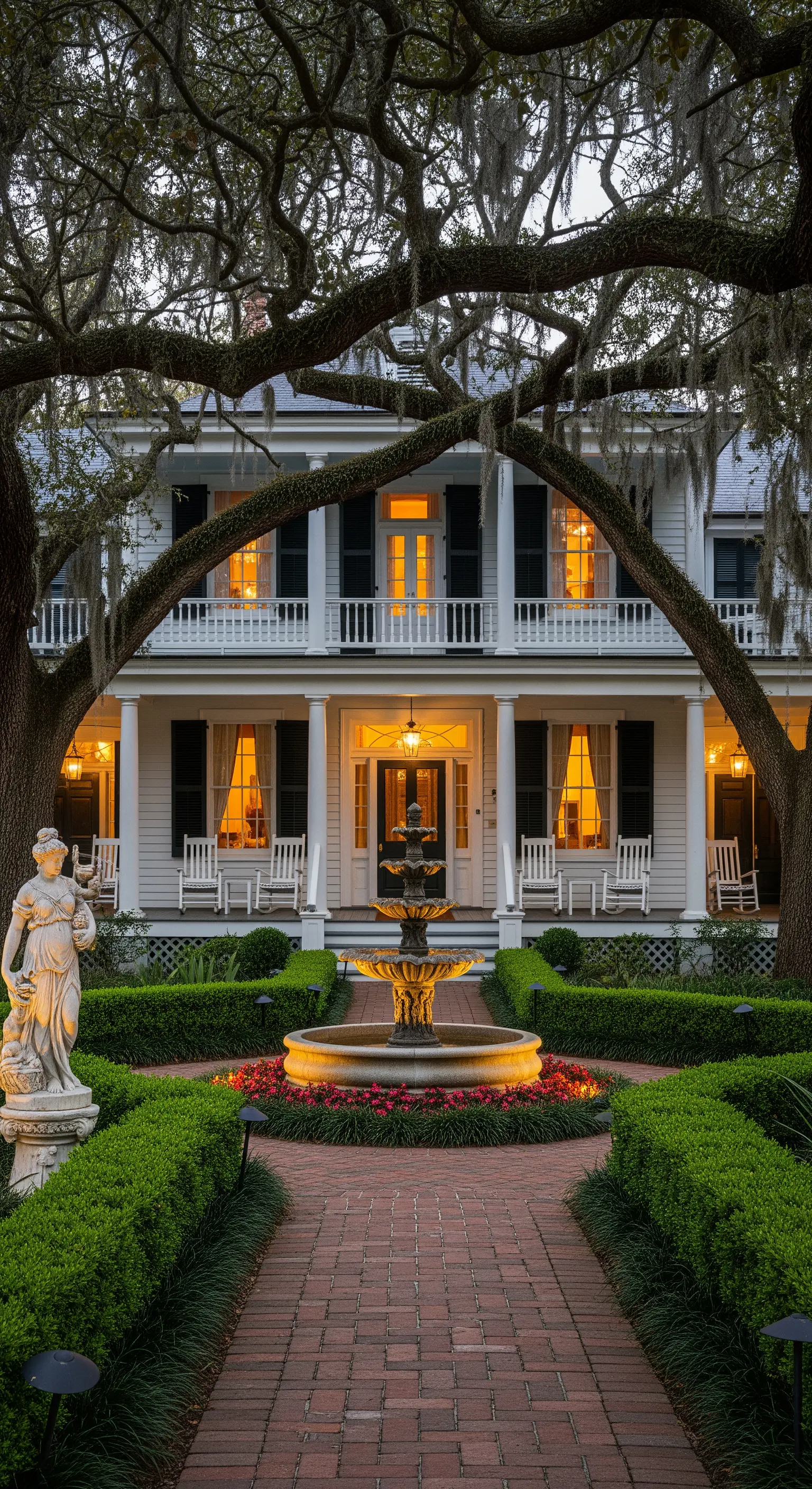 Veranda di una casa in stile sudista incorniciata da grandi querce, con giardino formale e fontana.