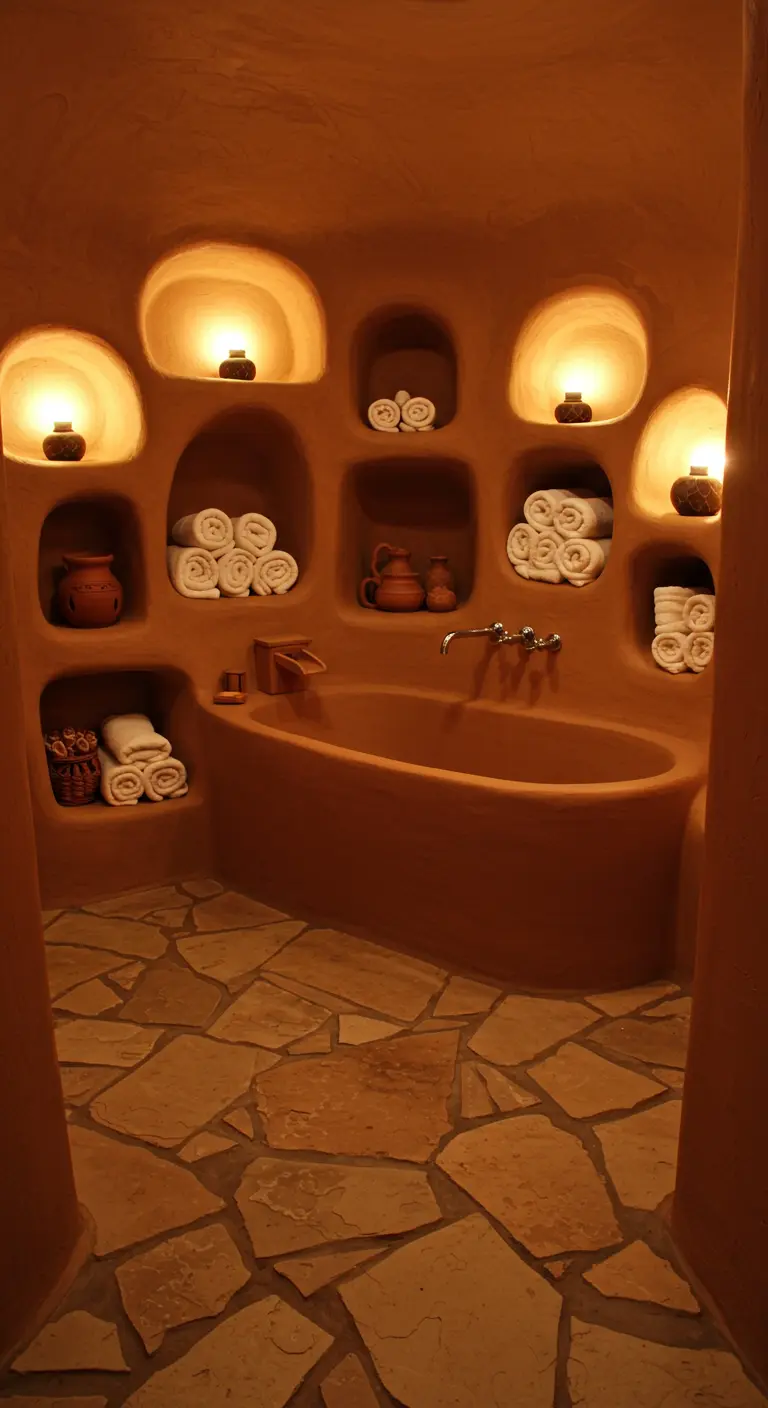 Bagno con pareti curve color argilla e nicchie arrotondate per riporre asciugamani e oggetti.