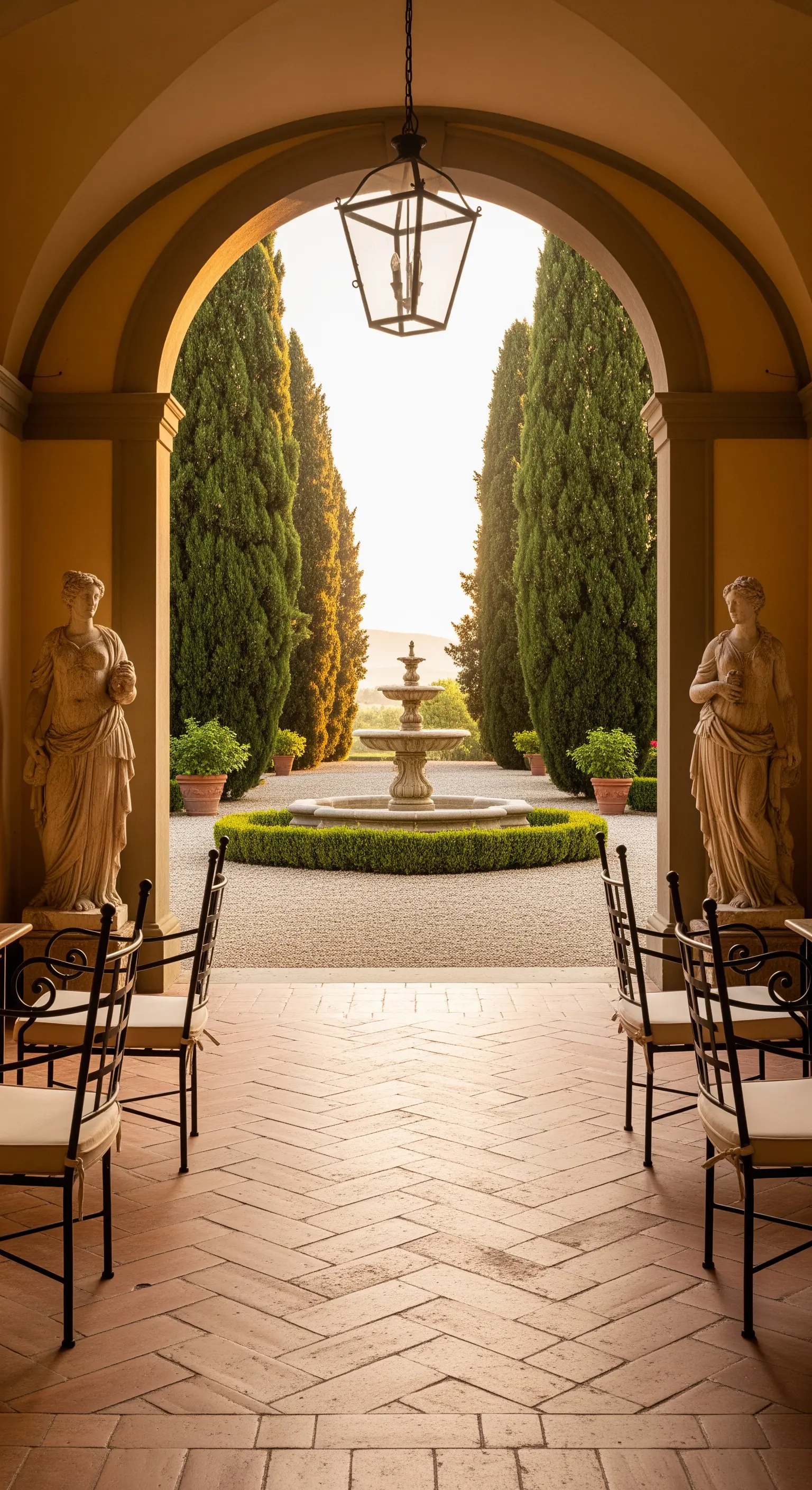 Veranda con pavimento in cotto, statue classiche e vista su un viale di cipressi con fontana.