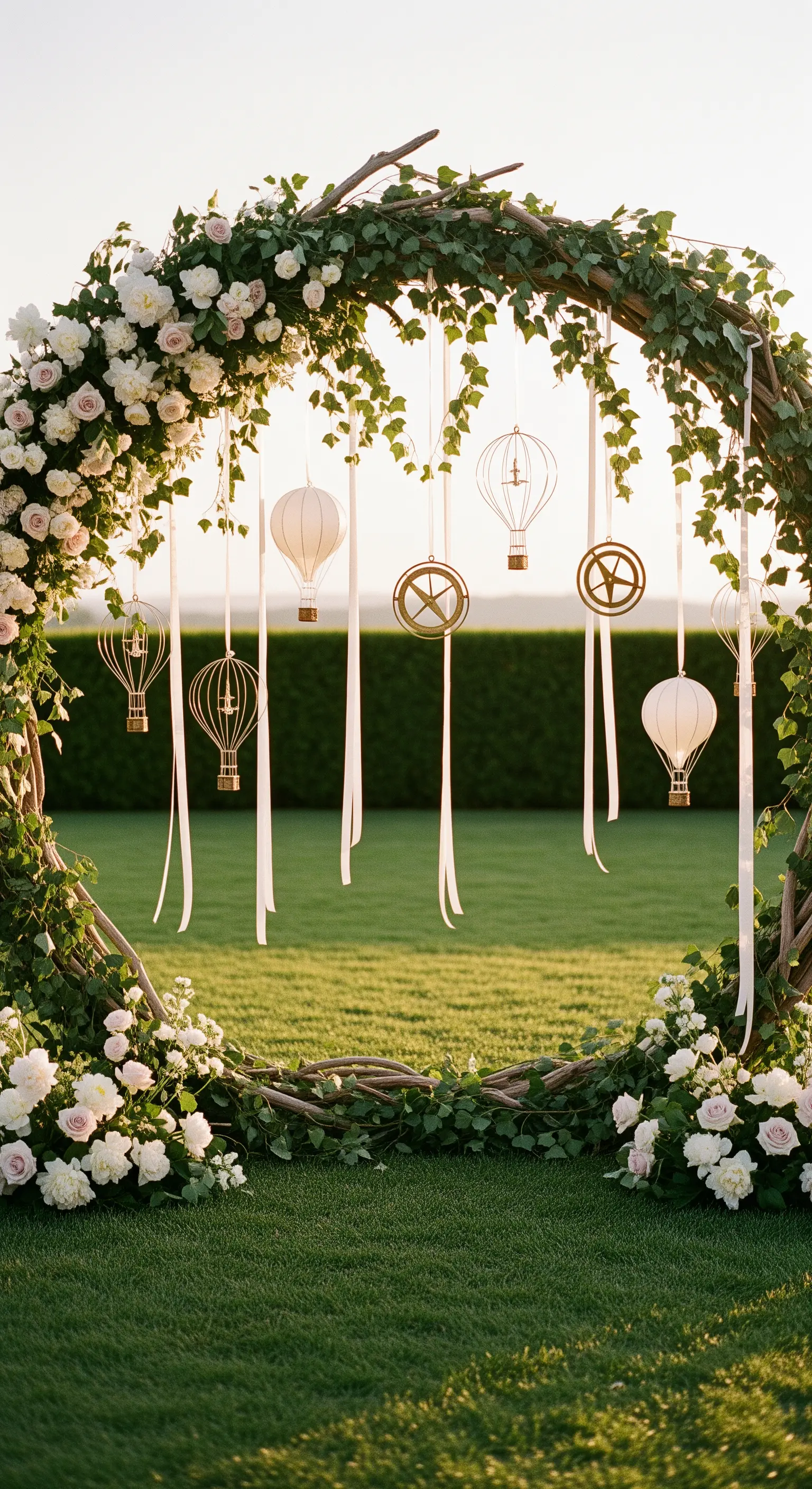 Arco nuziale circolare con rose bianche e piccole mongolfiere decorative appese con nastri.