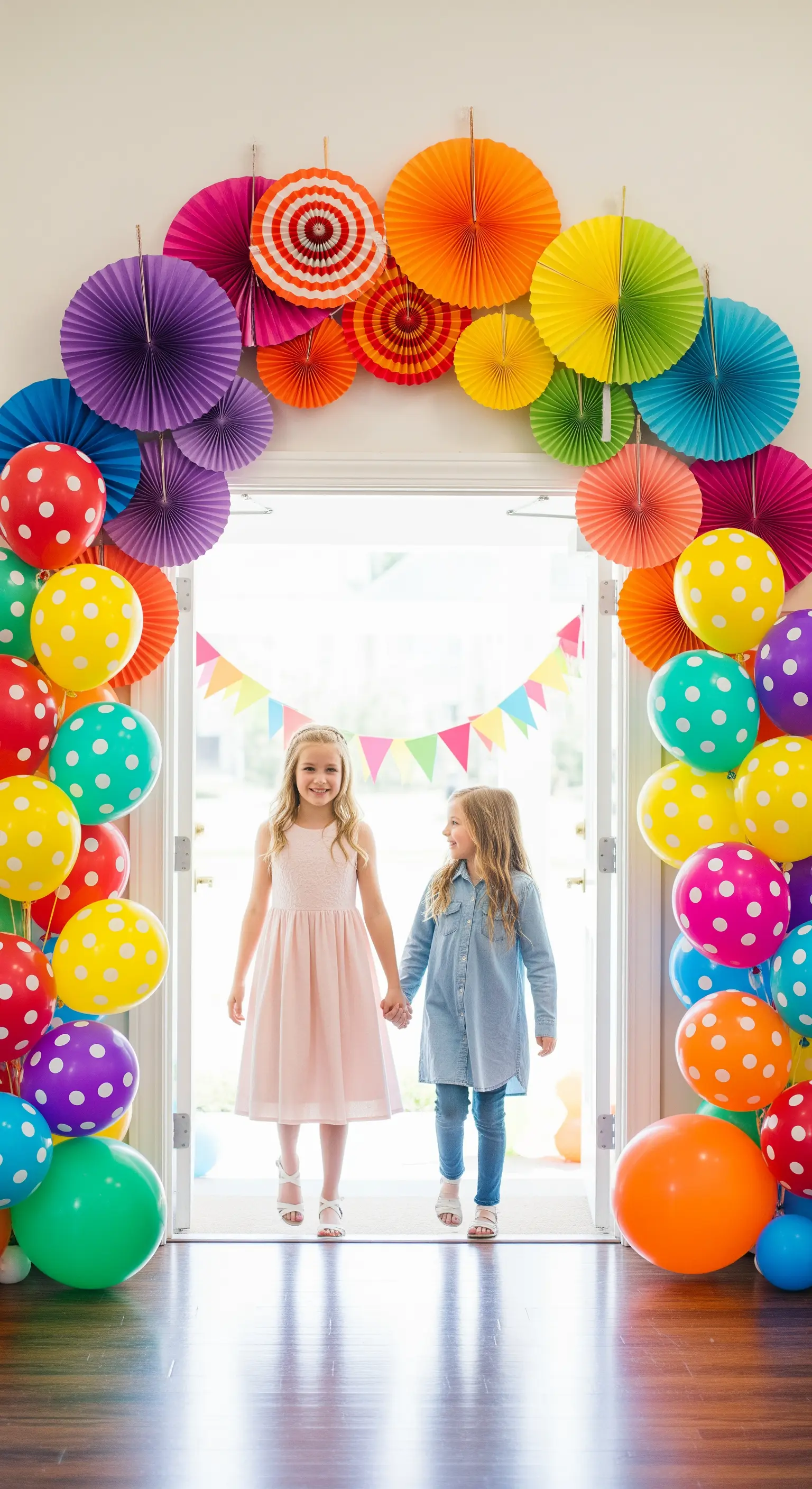 Bambine che entrano attraverso una porta incorniciata da un arco di palloncini e ventagli colorati.
