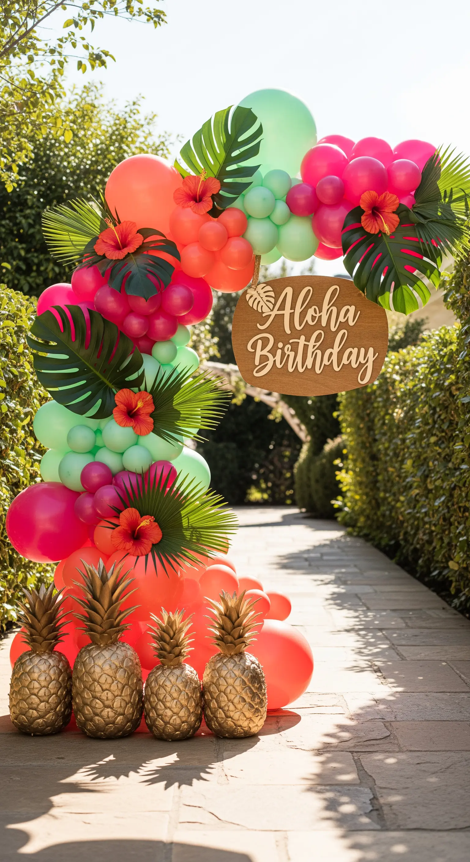 Arco di palloncini colorati con foglie tropicali e ananas dorati all'ingresso di un giardino.