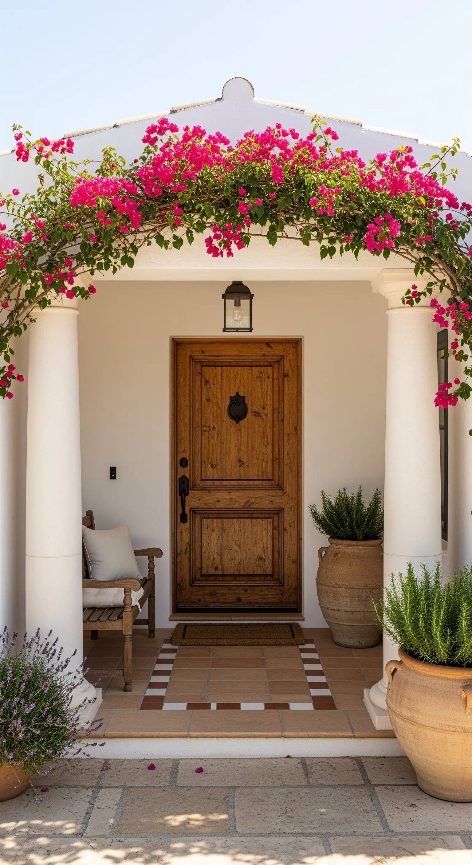 Ingresso di una casa mediterranea con arco di bouganville fucsia sopra la porta in legno