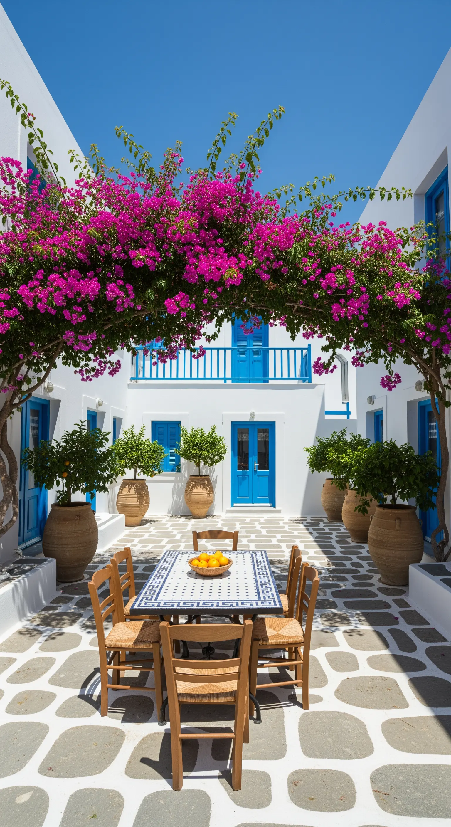Cortile interno con un grande arco di bouganville fucsia e dettagli architettonici blu.