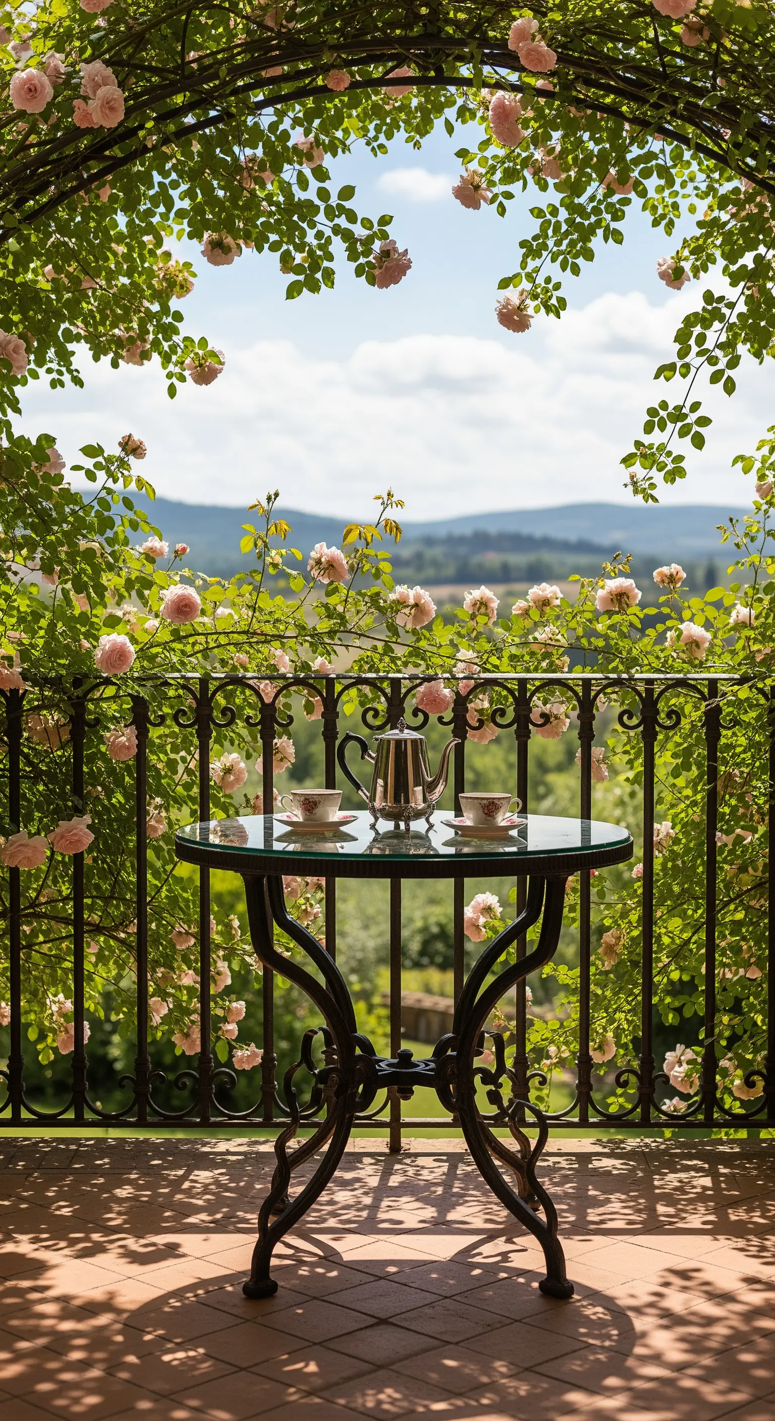 Arco di rose rosa su un balcone con tavolo in ferro battuto e vista sulle colline