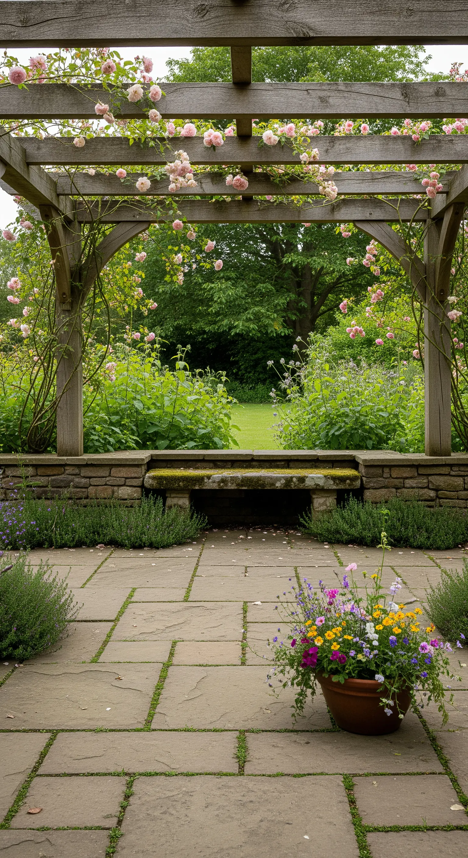 Pergola in legno con rose rampicanti che incornicia la vista su un giardino lussureggiante.