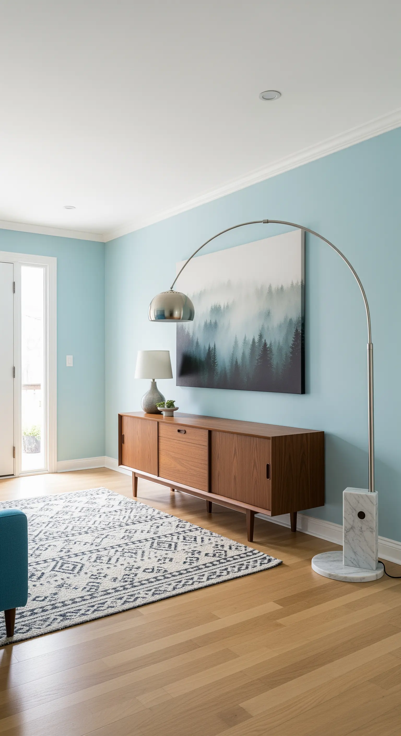 Soggiorno azzurro con credenza in legno e grande lampada ad arco con base in marmo.