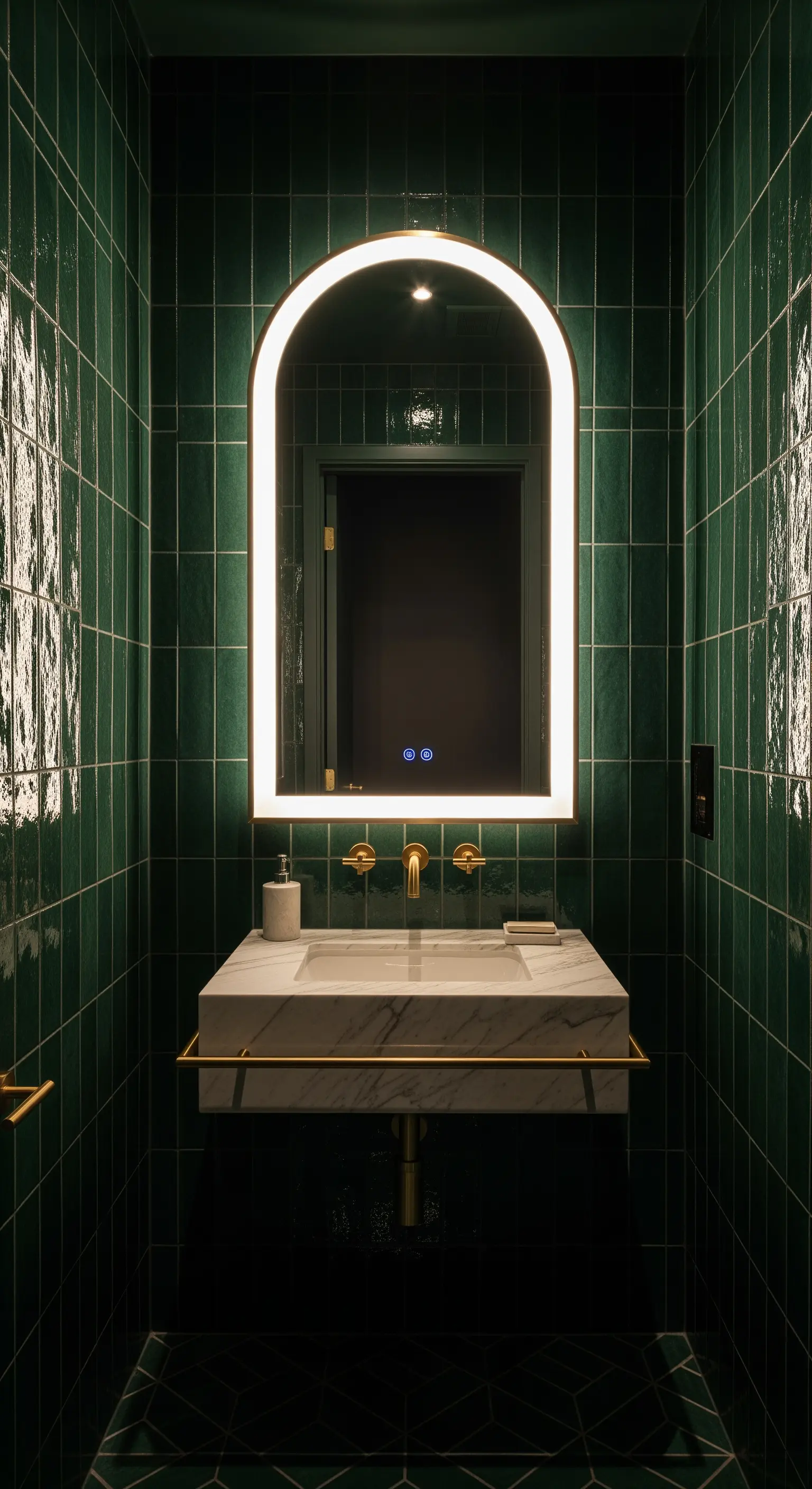 Specchio retroilluminato ad arco in un bagno rivestito di piastrelle verdi lucide.