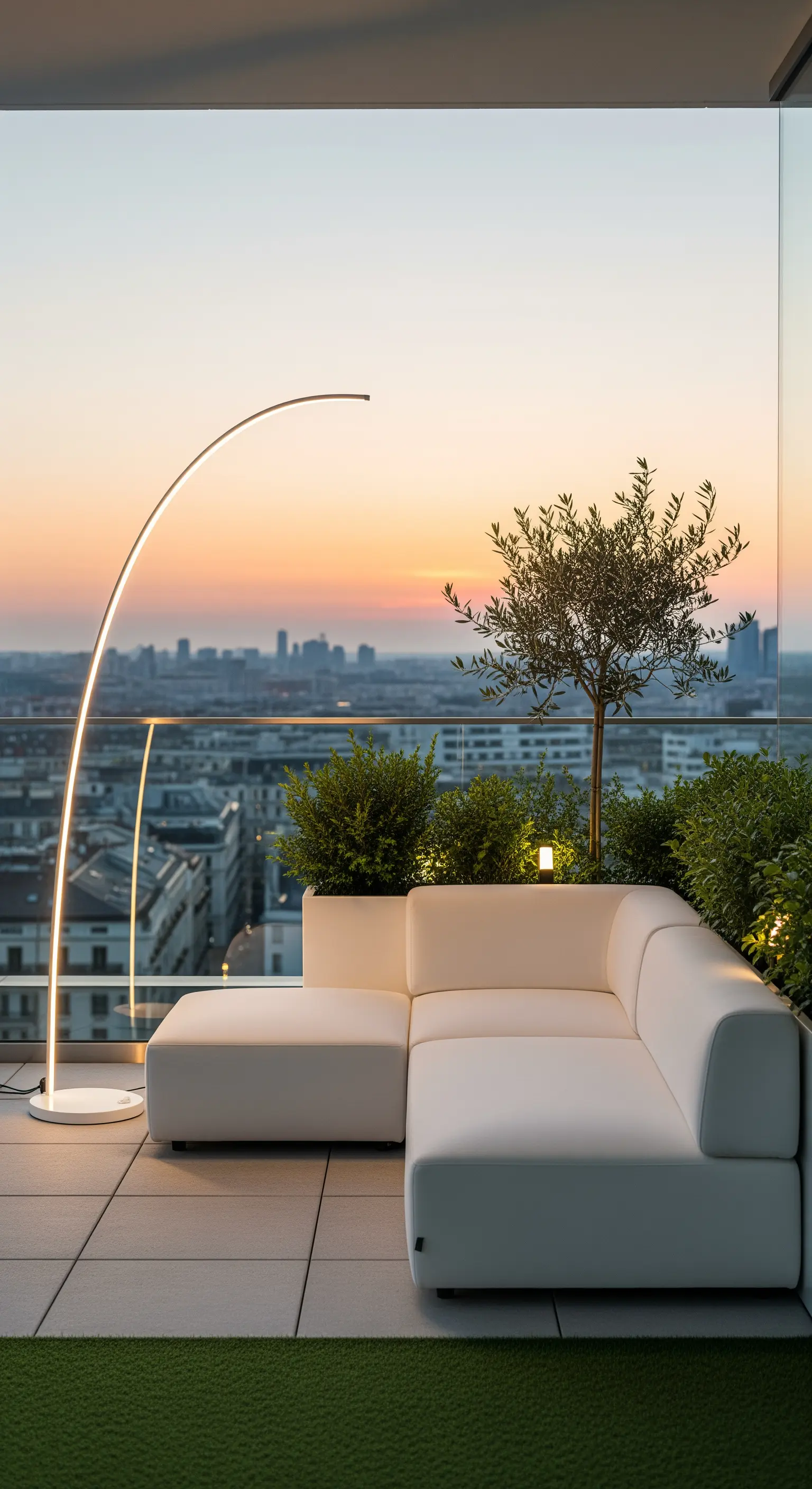 Divano bianco su una terrazza al tramonto con una lampada ad arco di design.
