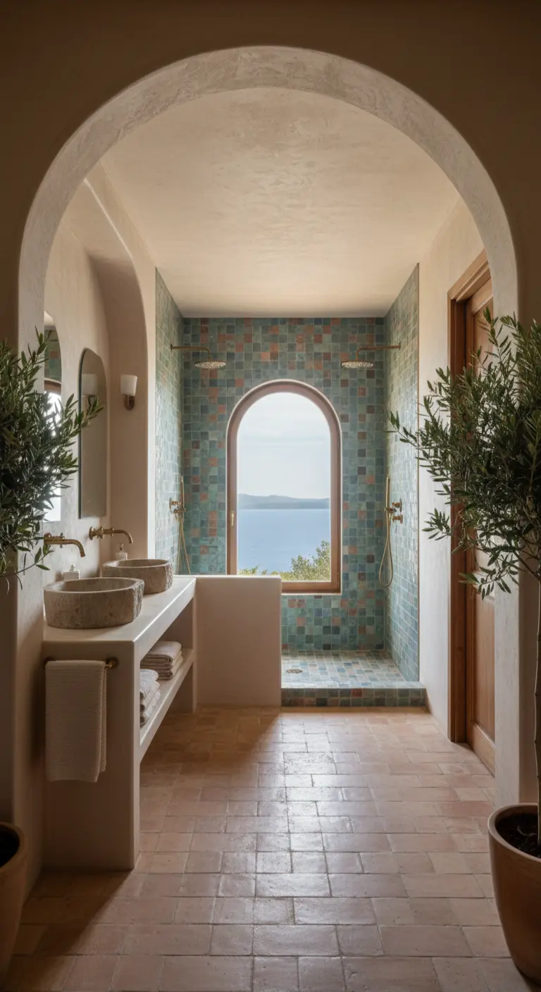 Bagno mediterraneo con doppio lavabo in pietra, doccia a mosaico e finestra ad arco vista mare.