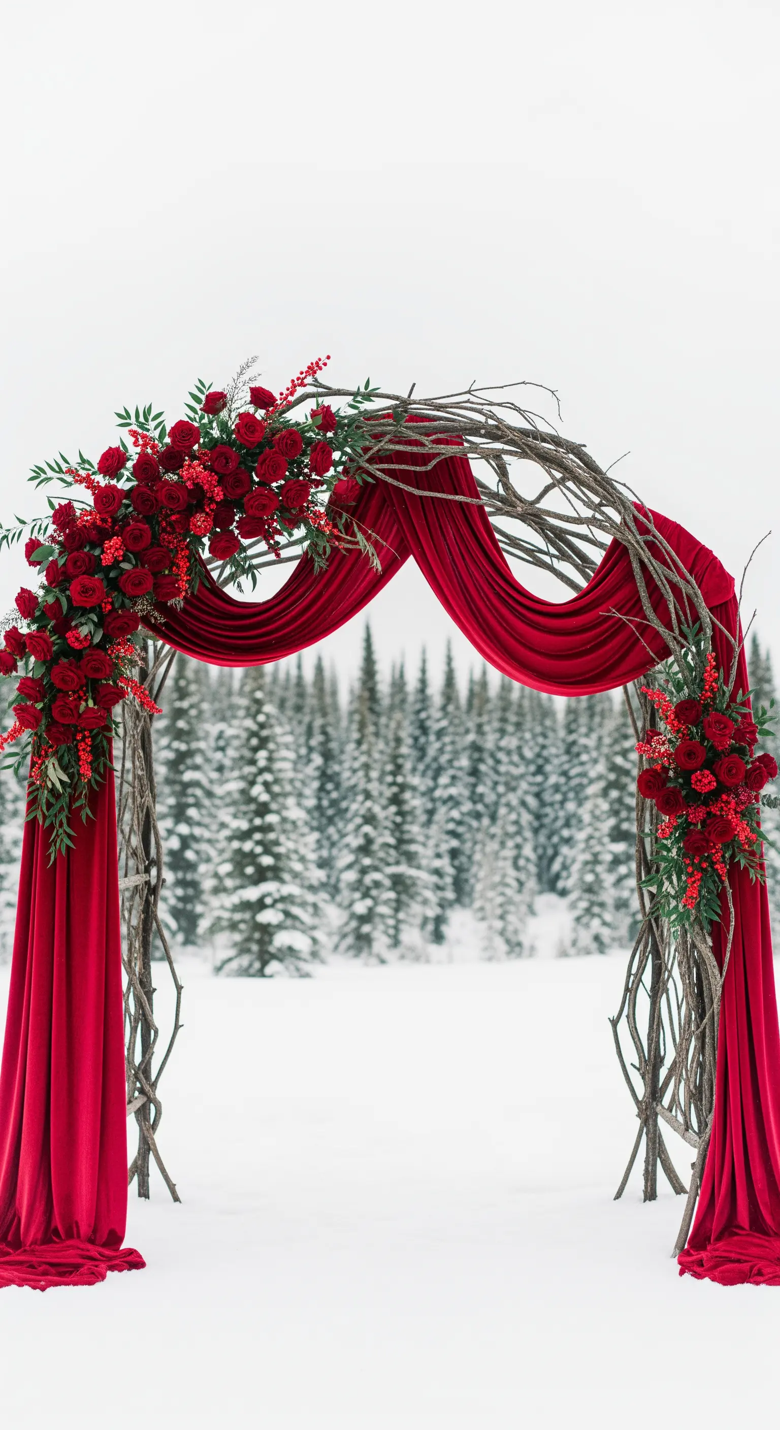 Arco nuziale fatto di rami, drappeggiato in velluto rosso e fiori, in un paesaggio innevato.