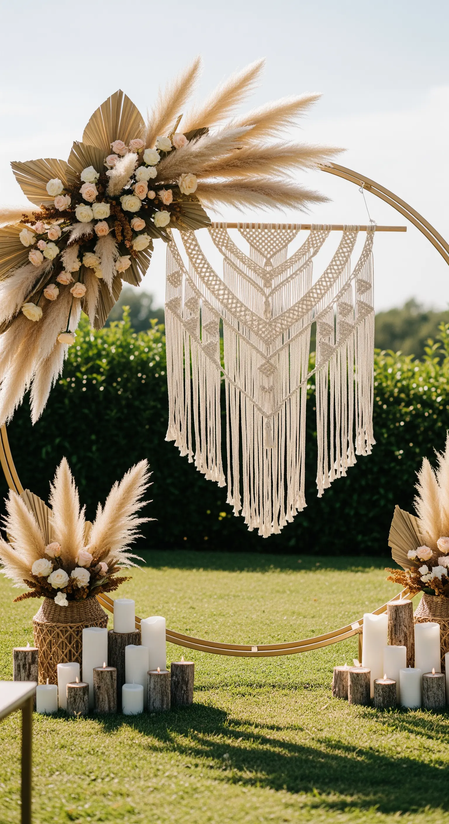 Arco nuziale circolare dorato con un grande arazzo in macramè e composizioni di pampas.