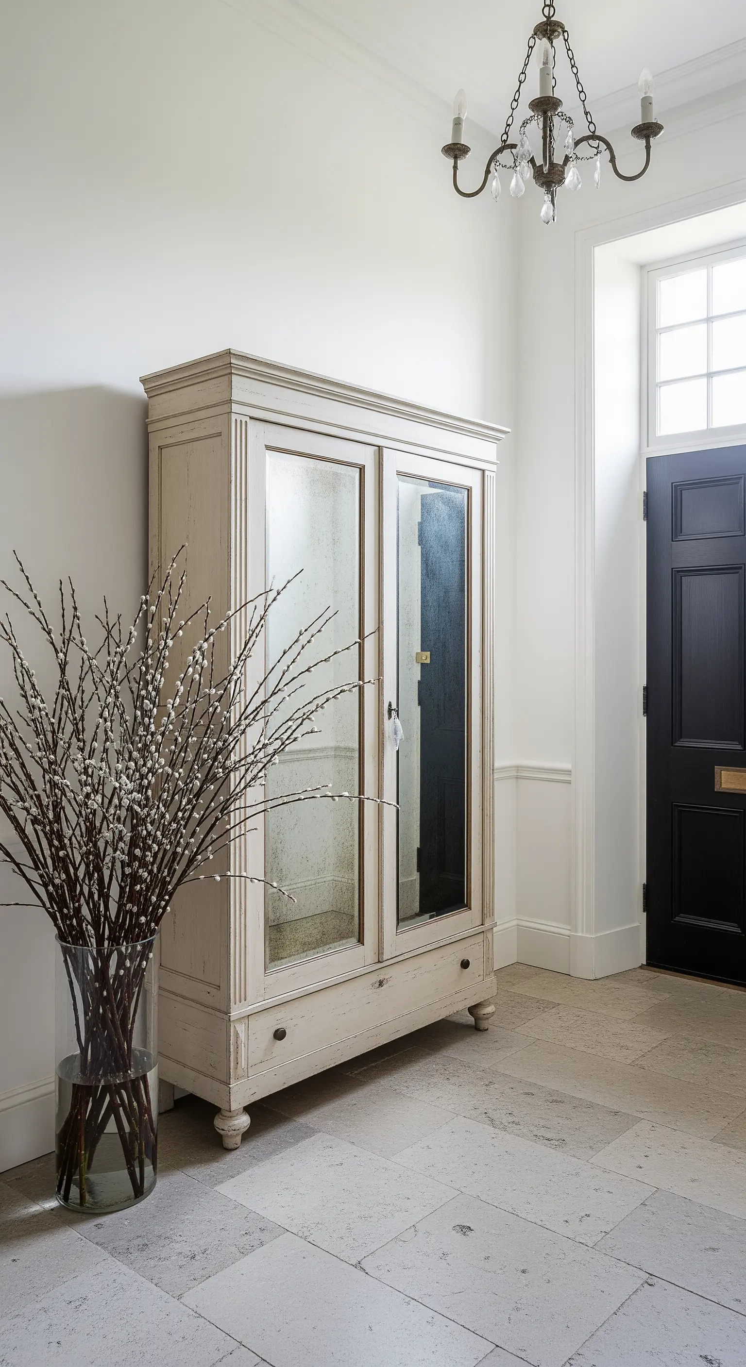 Armadio antico color avorio con due grandi ante a specchio anticato in un ingresso luminoso.