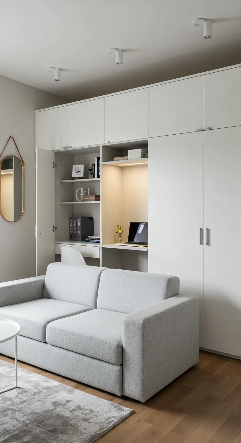 Ufficio compatto con scrivania e mensole a vista all'interno di un armadio bianco.