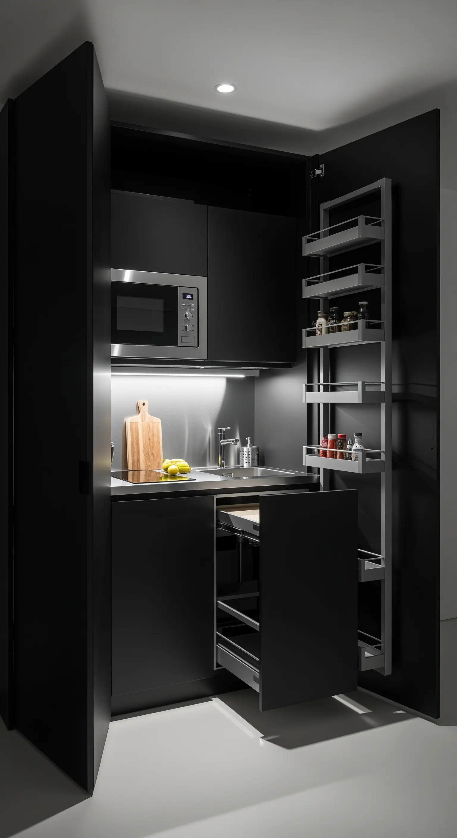 Mini-cucina nera a scomparsa con dispensa verticale estraibile.