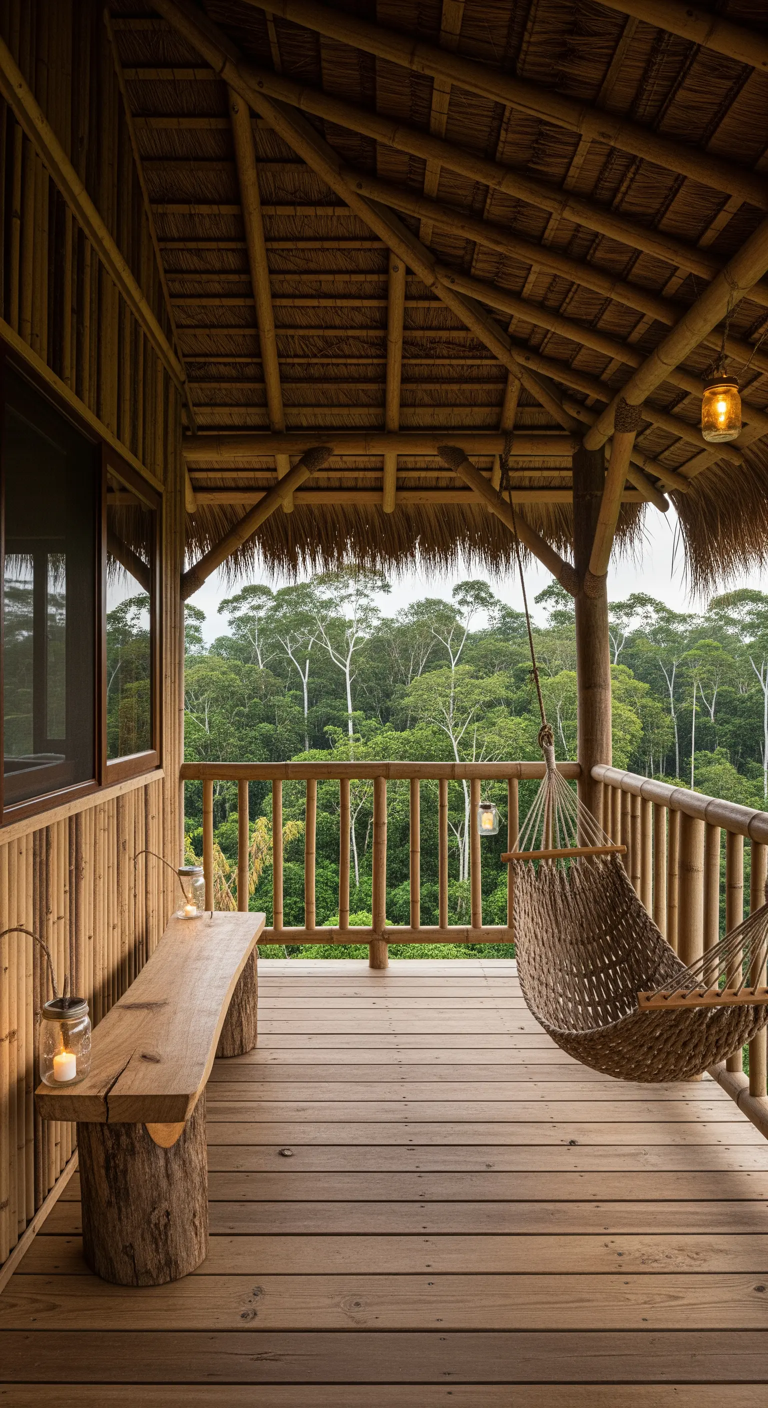 Portico di una capanna in bambù con amaca intrecciata e panca in legno grezzo.