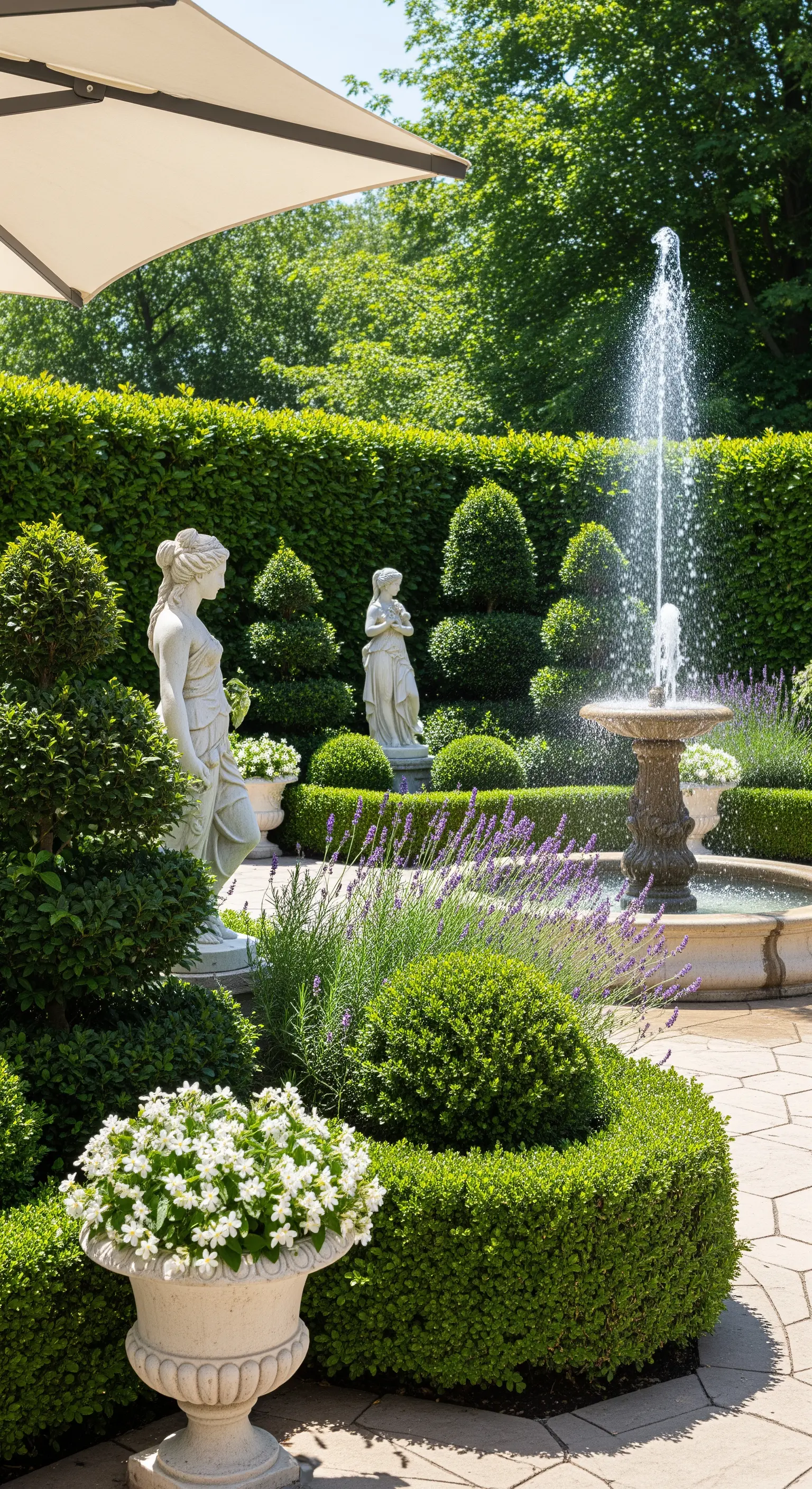Giardino con lavanda in fiore, statue classiche e una fontana con getto d'acqua verticale.