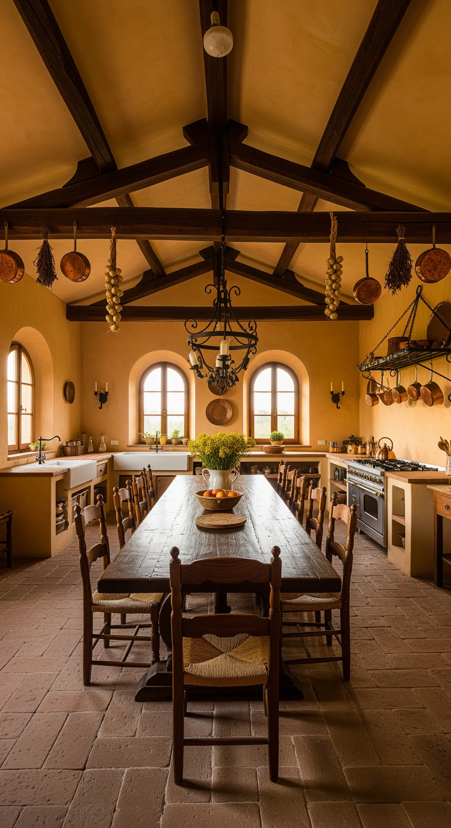 Cucina rustica con pareti ocra, lungo tavolo in legno e travi a vista scure.