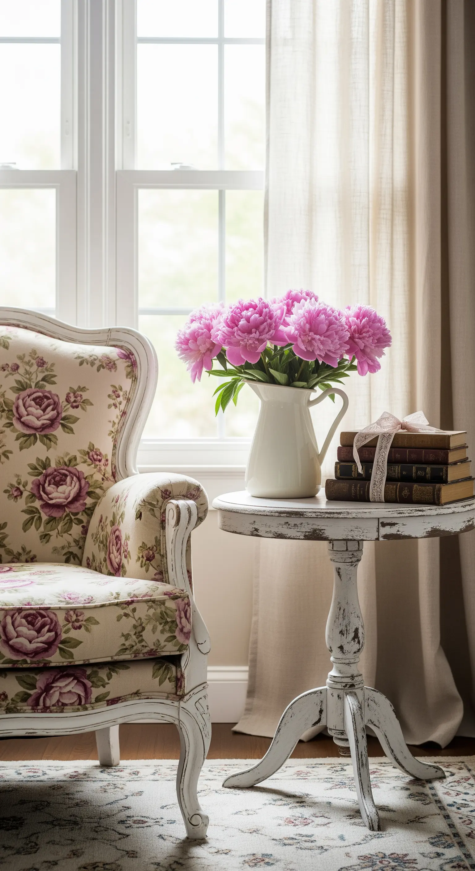 Poltrona floreale vicino a un tavolino bianco decapé con un vaso di peonie rosa.