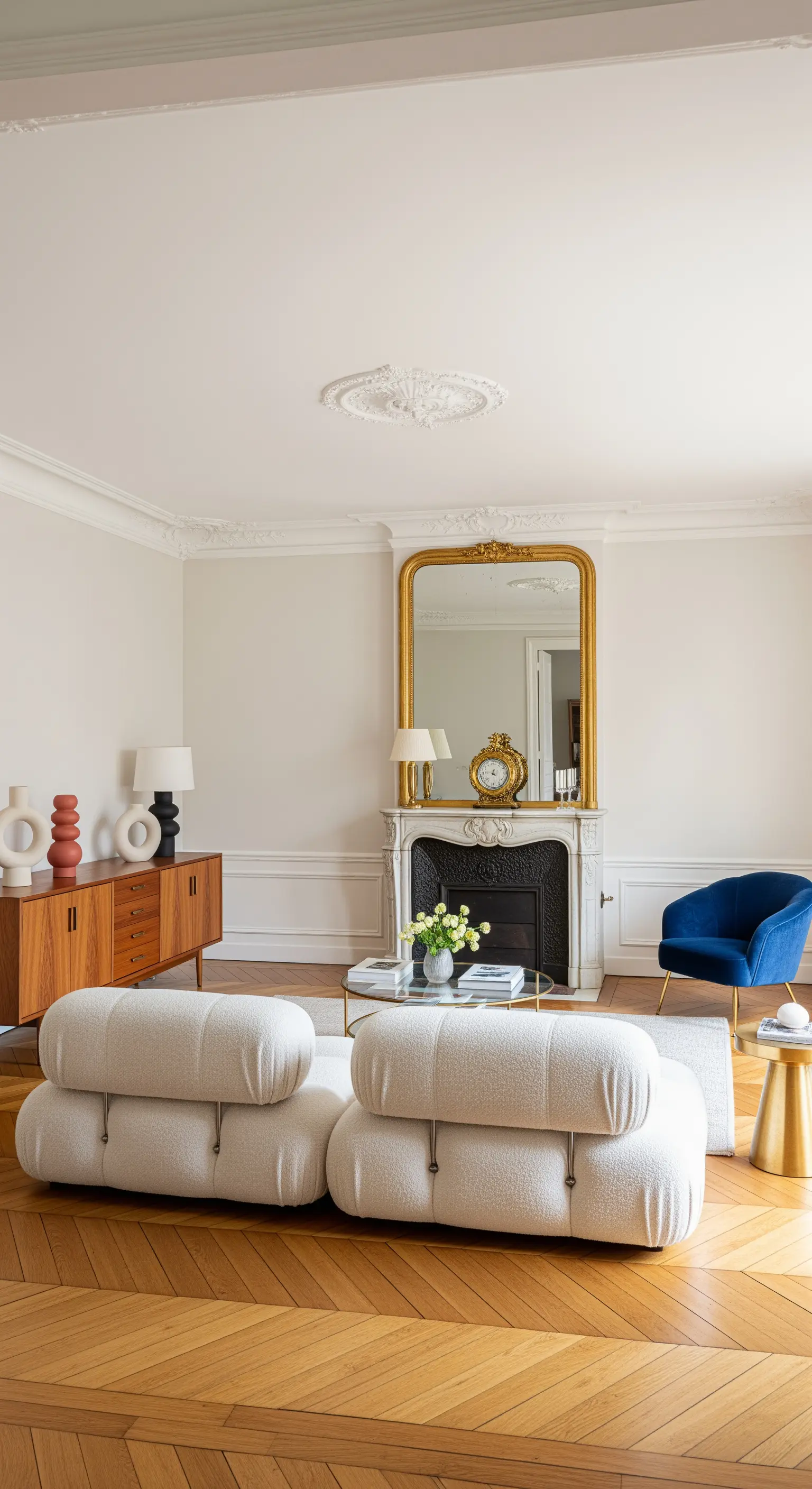 Salotto parigino con parquet, camino, specchio dorato e divano modulare bianco di design.
