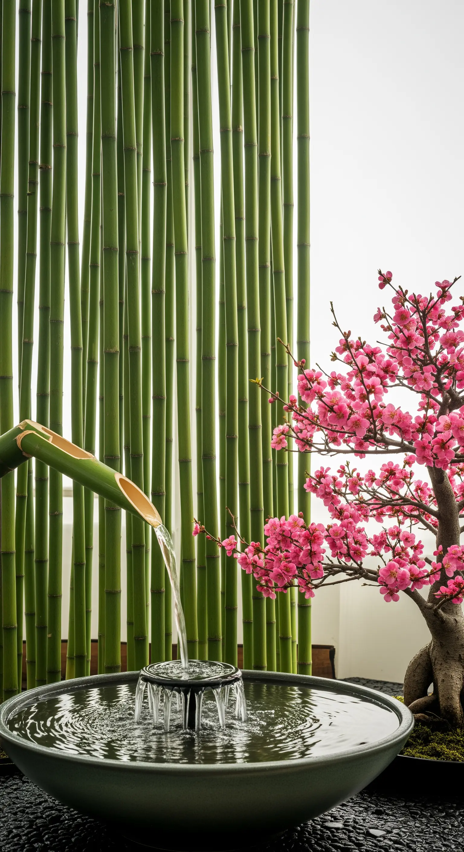 Composizione zen con fontana, bonsai di ciliegio in fiore e una parete di bambù sullo sfondo