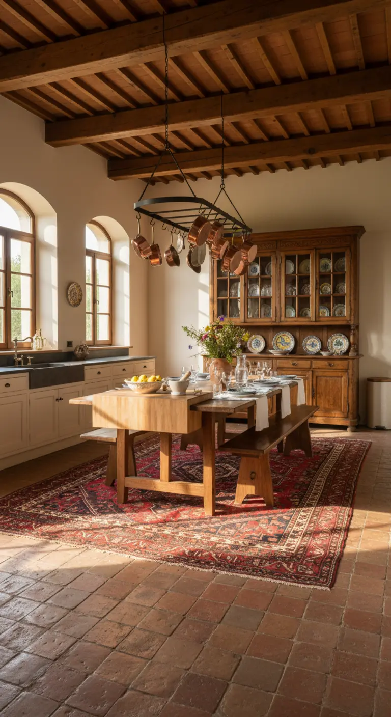 Cucina rustica con pavimento in cotto, tavolo in legno e tappeto persiano rosso.