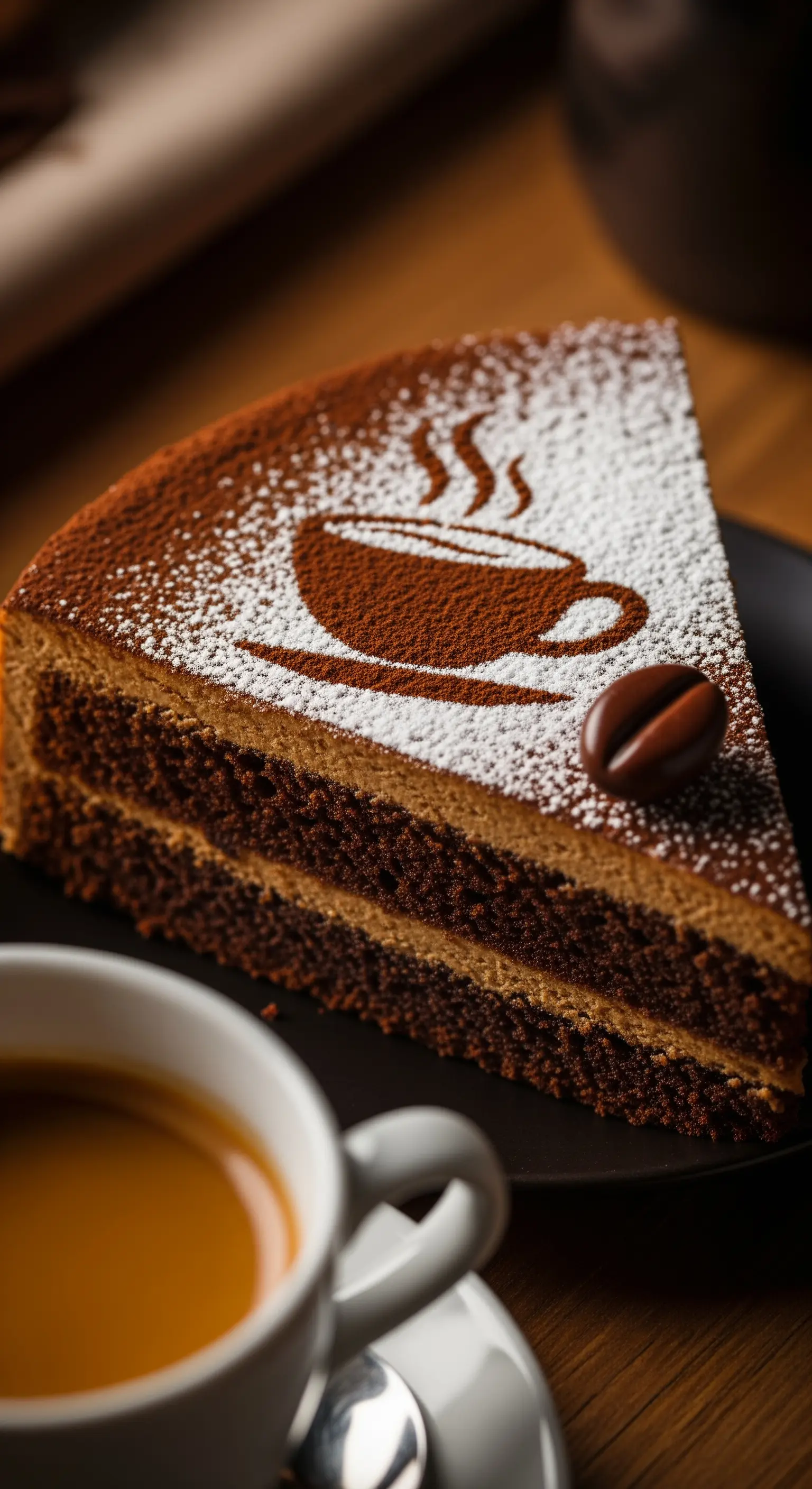 Fetta di torta al caffè decorata con una tazzina di cacao su una base di zucchero a velo.